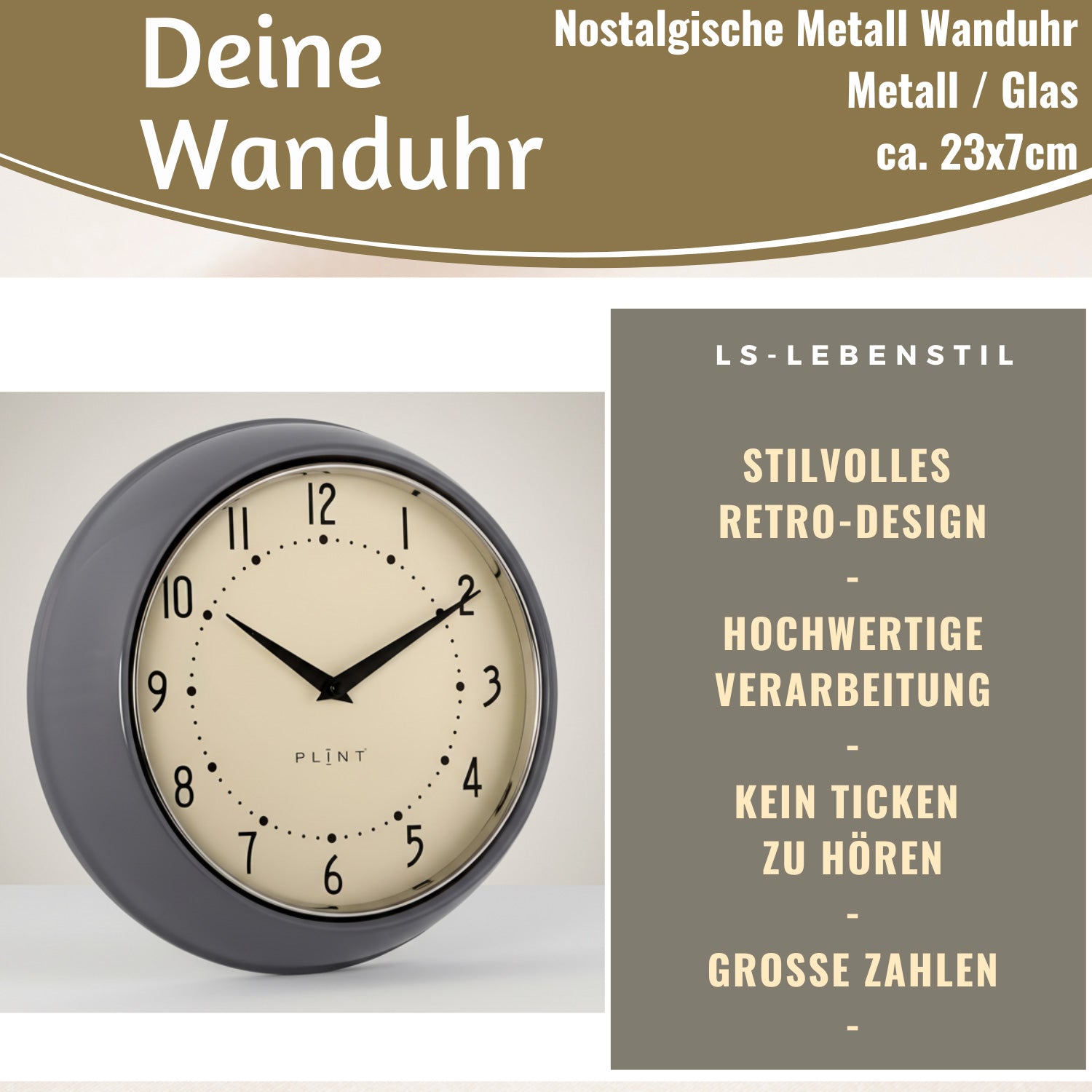 LS-LebenStil Wanduhr Metall Grau 23cm Retro Küchenuhr