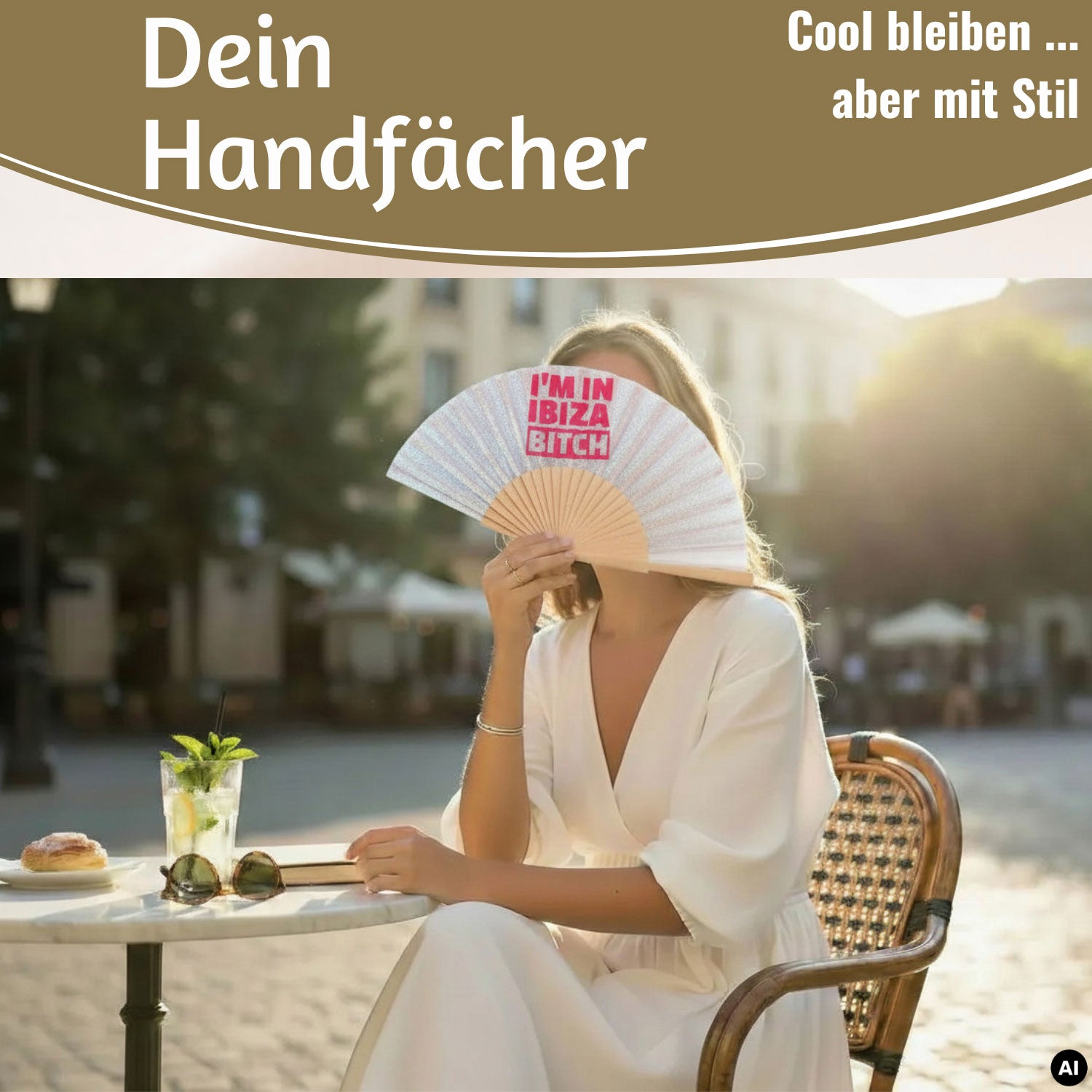 LS-LebenStil Shopper & Taschen Ibiza Bitch Fächer weiß silber 23x42cm