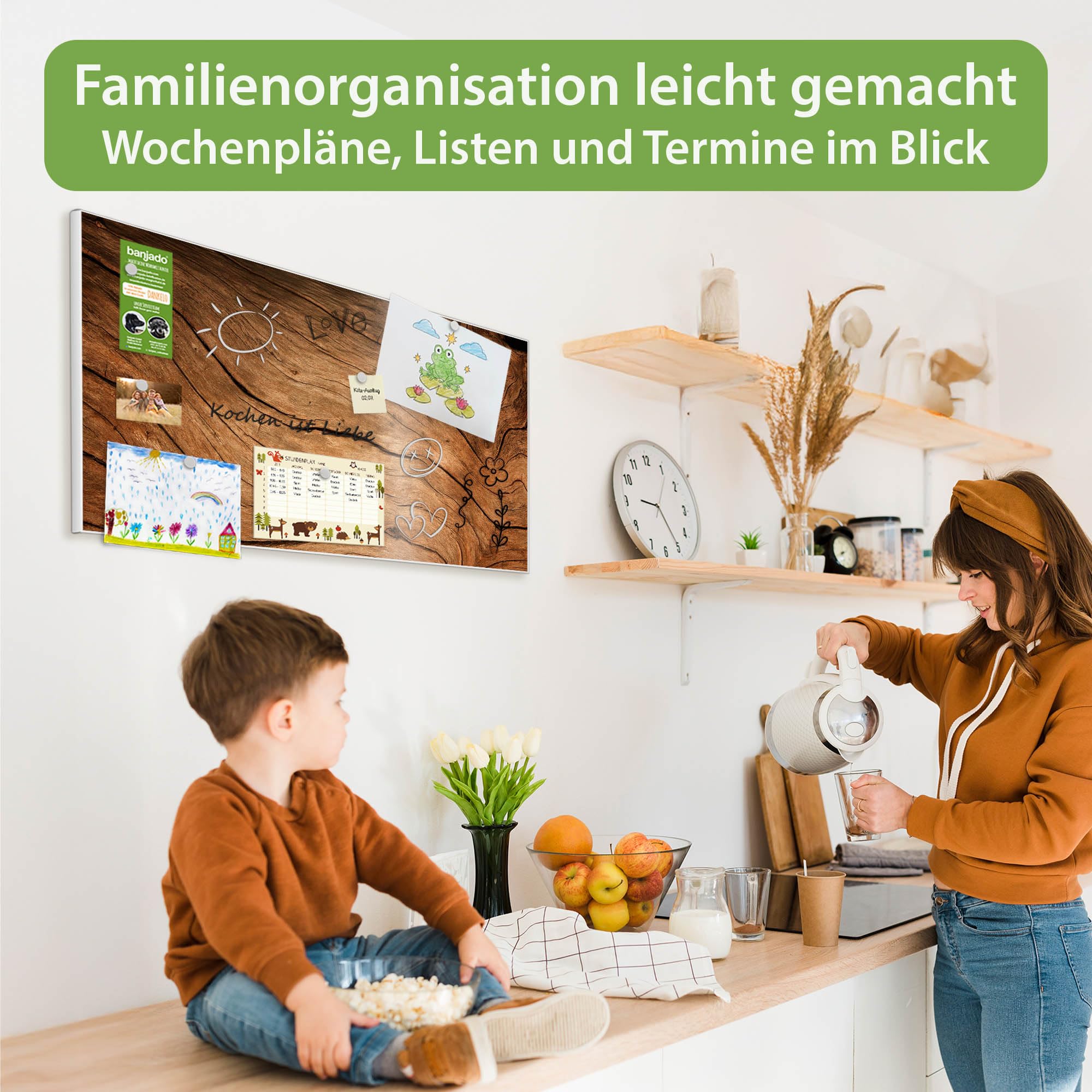 Banjado Magnettafel Metall 78x37 cm Trockenes Holz weiß beschreibbar
