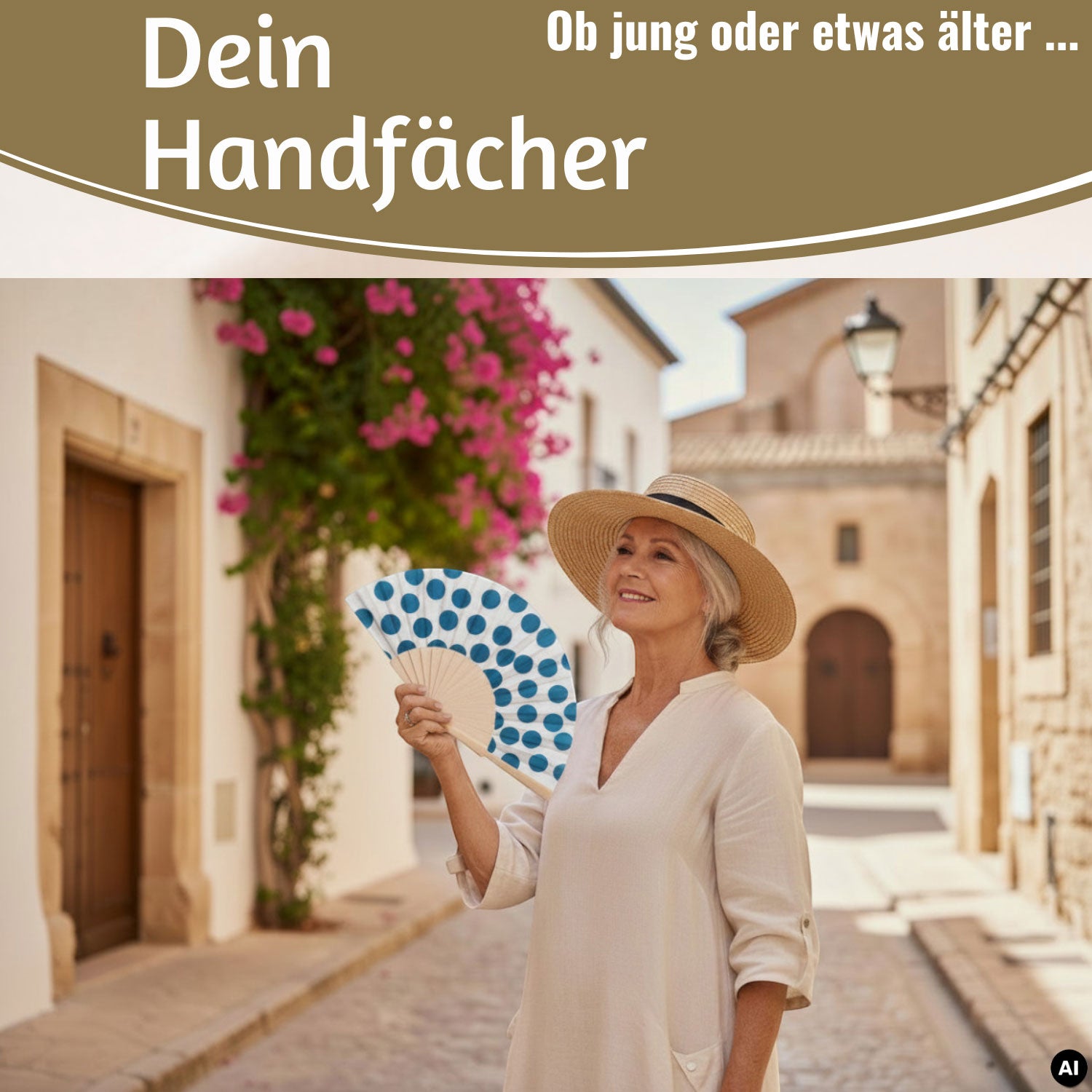 LS-LebenStil Handfächer Holz Stoff Punkte Weiß Blau faltbar