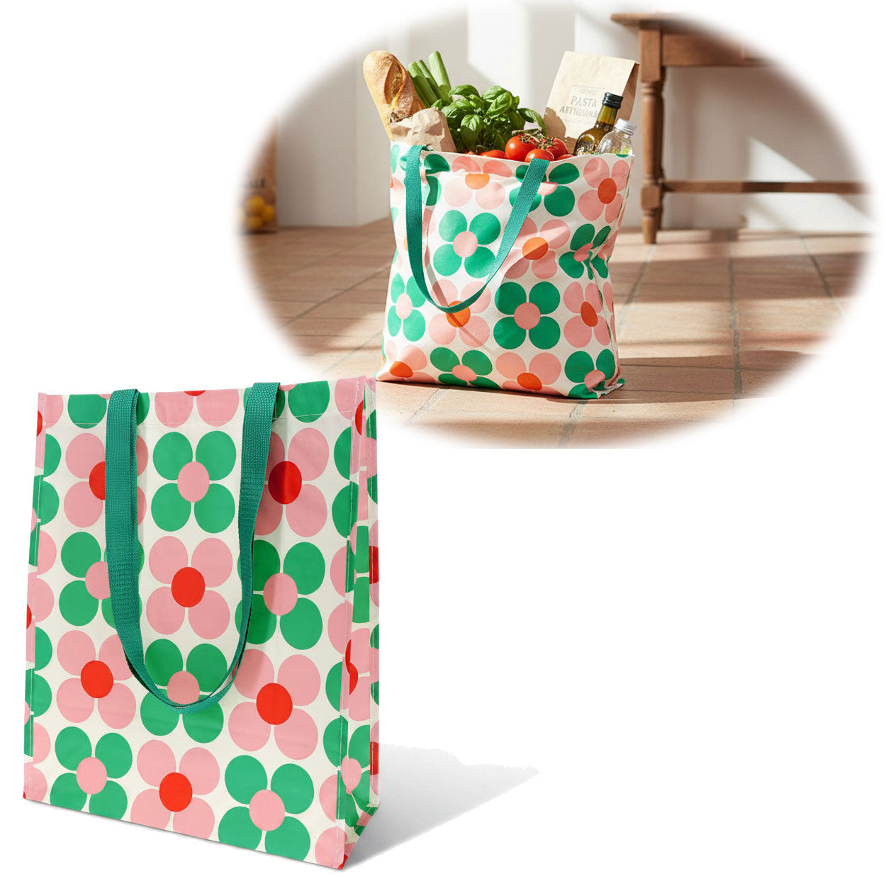 LS-LebenStil Retro Shopper Daisy pink-grün faltbar 40x34x15 cm