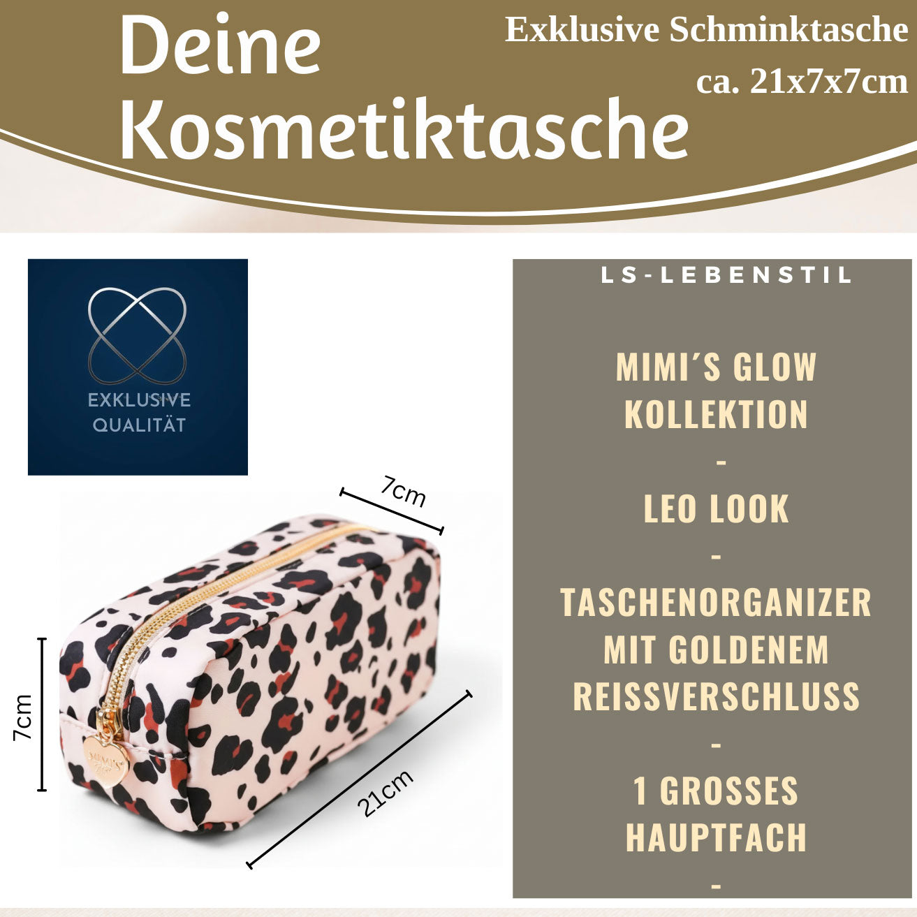 Mimi's Glow Suki Kosmetiktasche Leo Beige 21x7 cm Nylon