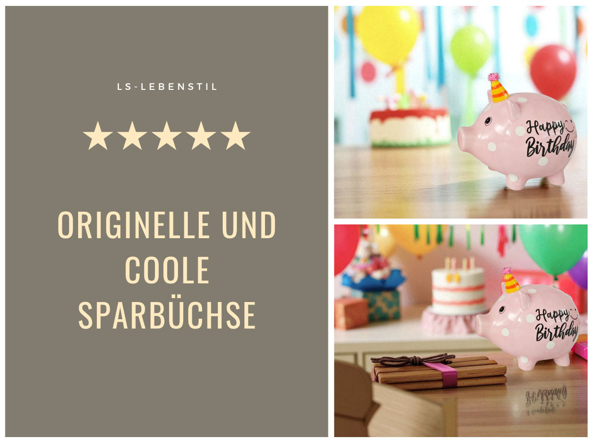 LS-LebenStil Sparschwein Keramik Spardose rosa Happy Birthday 14 cm
