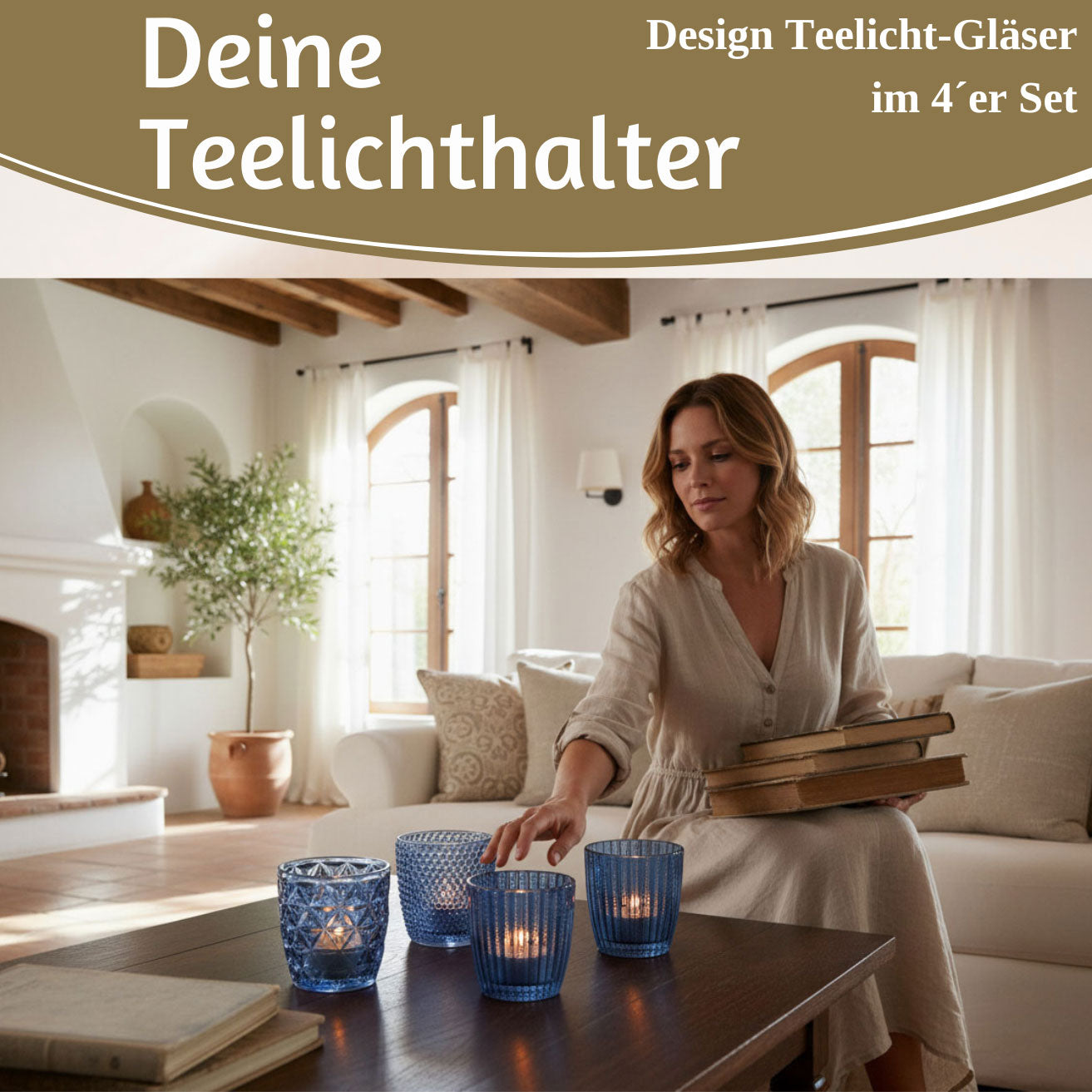 LS-LebenStil Küche & Haushalt 4er Teelichthalter Glas Retro Blau 7cm