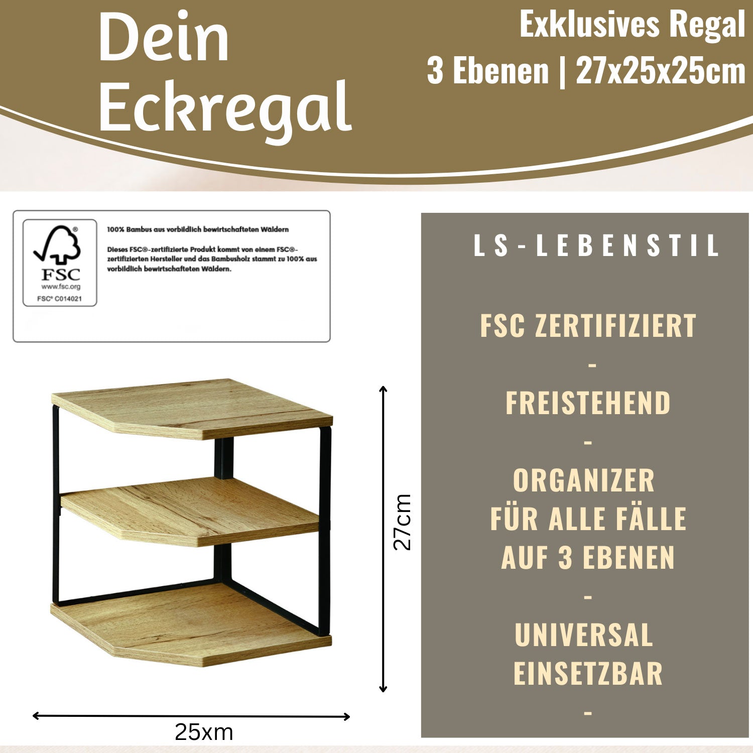 LS-LebenStil Eckregal Holz Metall 27x25cm 3 Ablagen