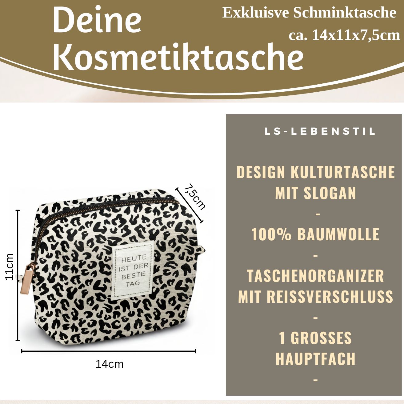 LS-LebenStil Kosmetiktasche Leo creme 14x11cm Baumwolle klein