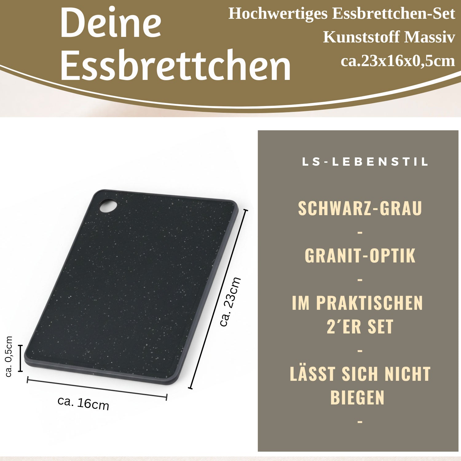LS-LebenStil Küche & Haushalt Brettchen Granit-Optik 23x16cm 2er