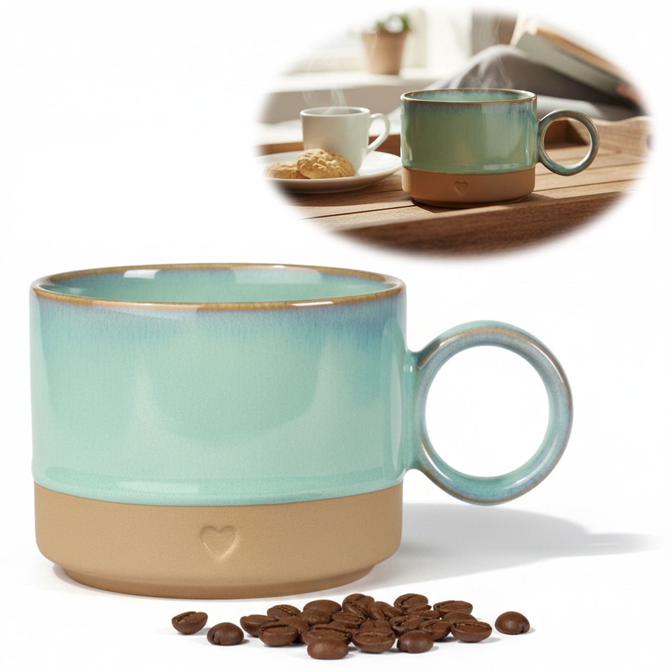 LS-LebenStil Tontasse Kaffeebecher 290ml Aqua Herz mattbraun