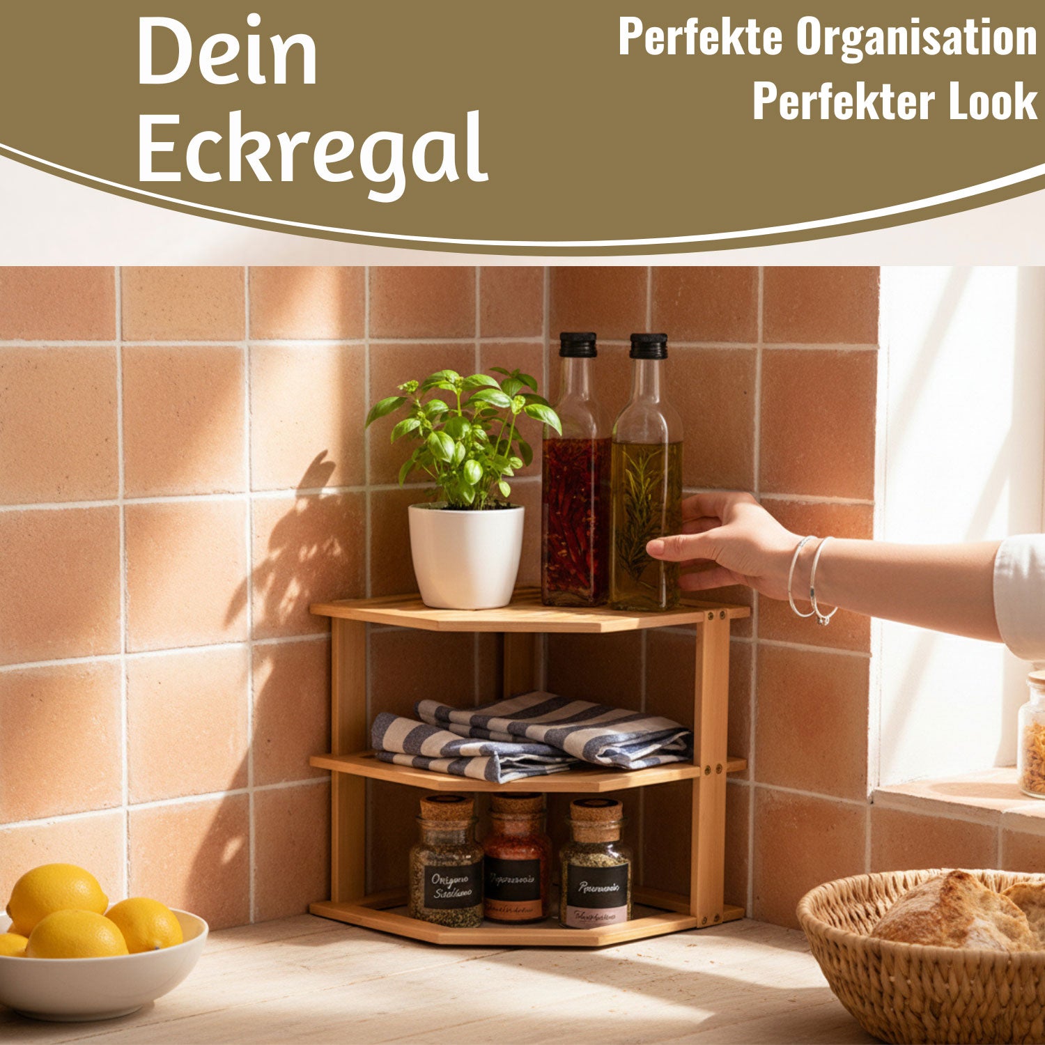 LS-LebenStil Küche & Haushalt Eckregal Bambus 27x25cm 3 Ablagen
