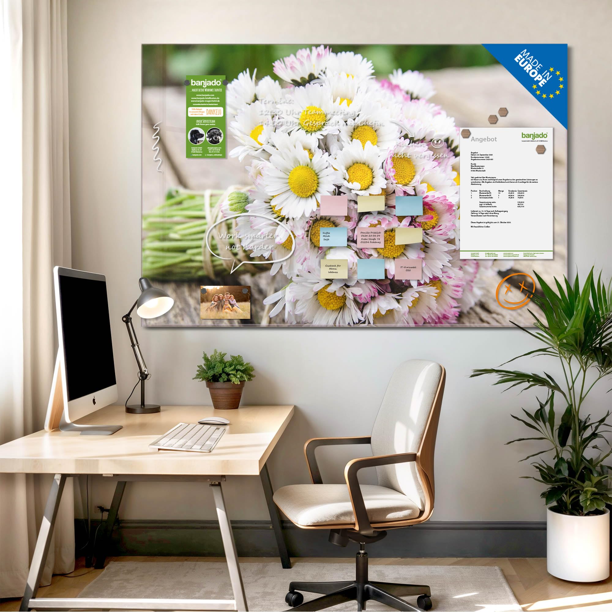 Banjado Magnettafel Strauß Gänseblümchen Magnetboard 80x120 cm Glas