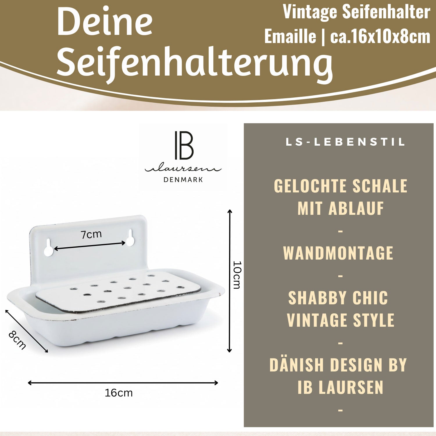 Ib Laursen Seifenschale Emaille weiß 16 cm Wandmontage