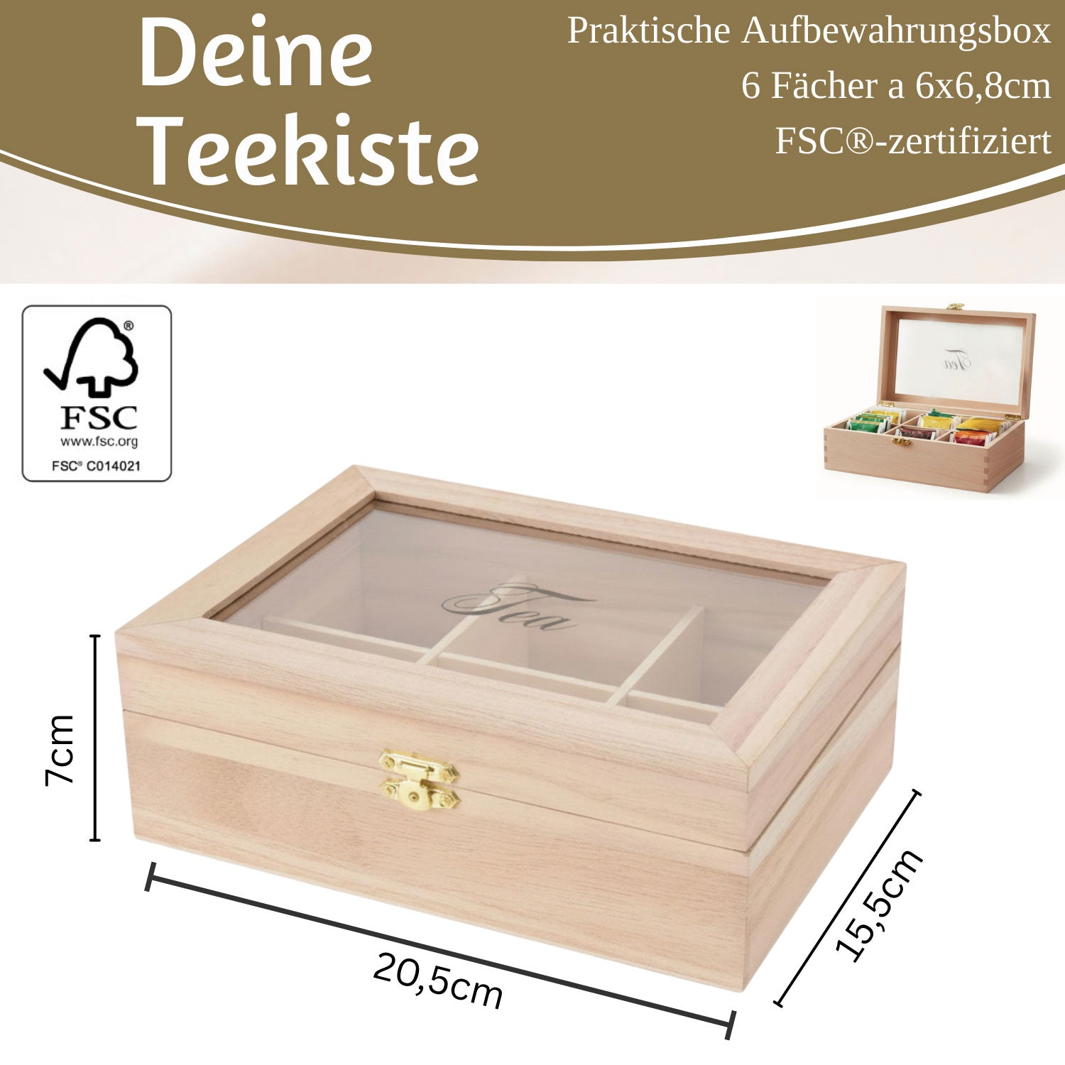 LS-LebenStil Küche & Haushalt Teebox Holz 6 Fächer 20,5cm