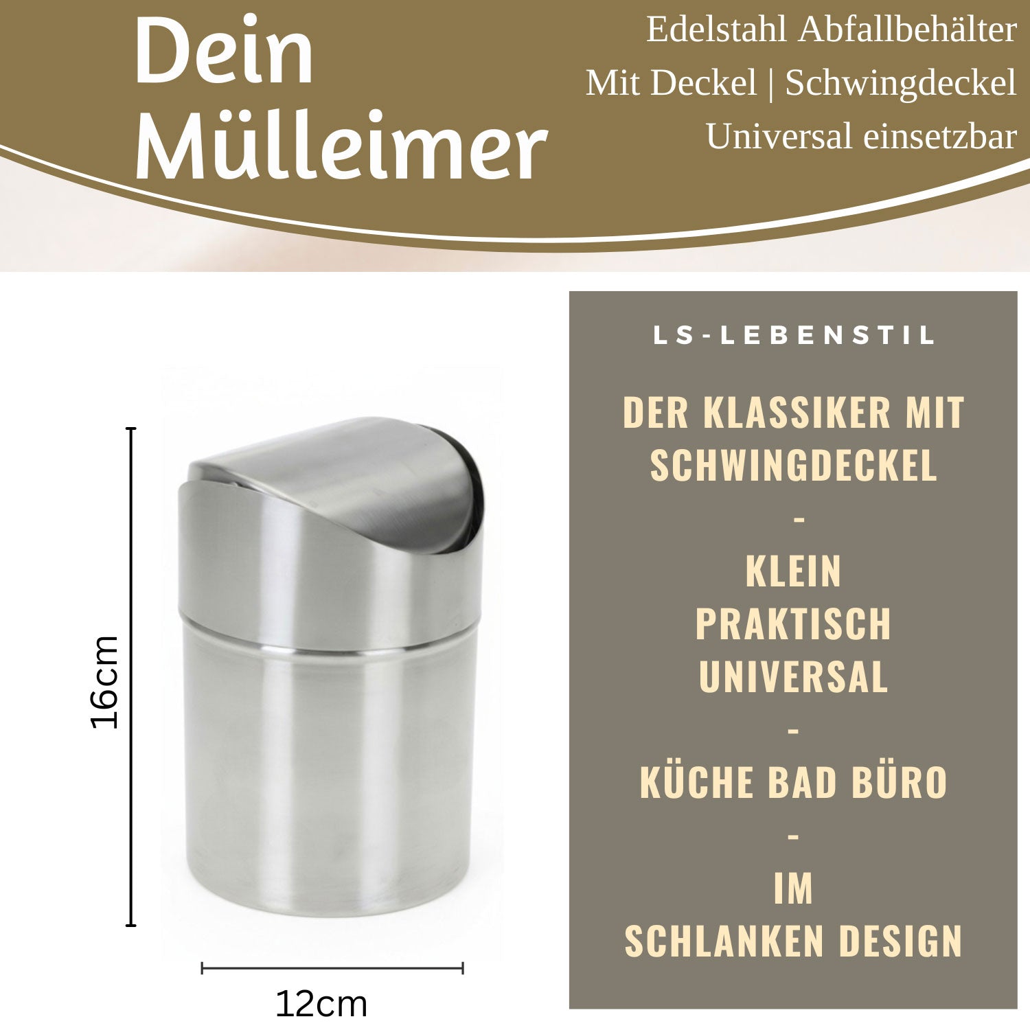 LS-LebenStil Mini Papierkorb Edelstahl Silber 12x16cm Schwingdeckel