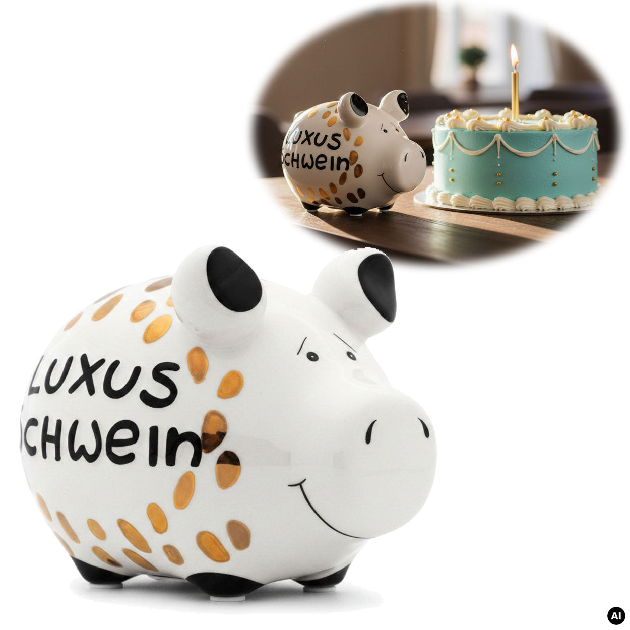 LS-LebenStil Luxus Schwein Sparschwein 12,5cm weiß gold Keramik