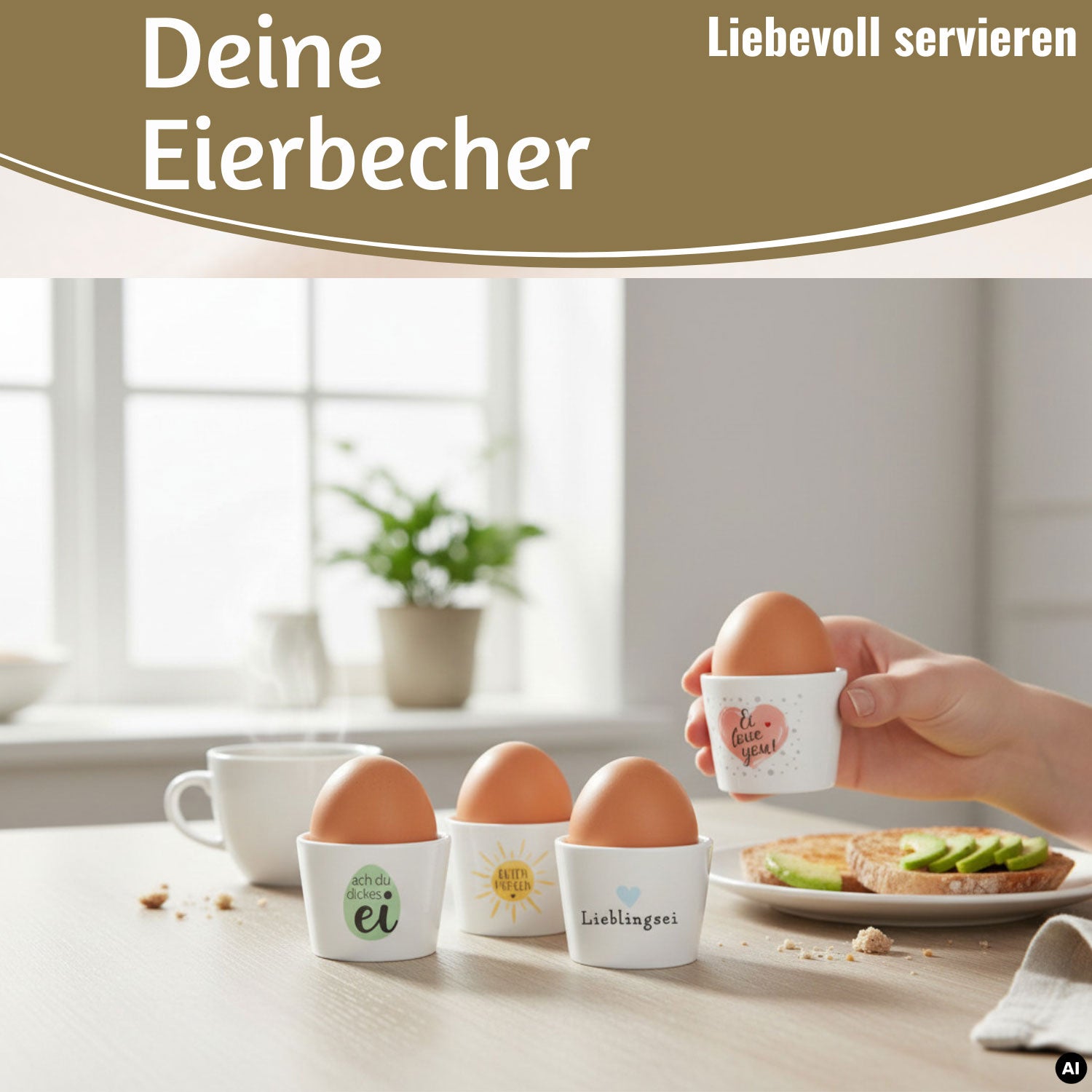 LS-LebenStil Eierbecher Porzellan 4er Set Sprüche Gute Laune