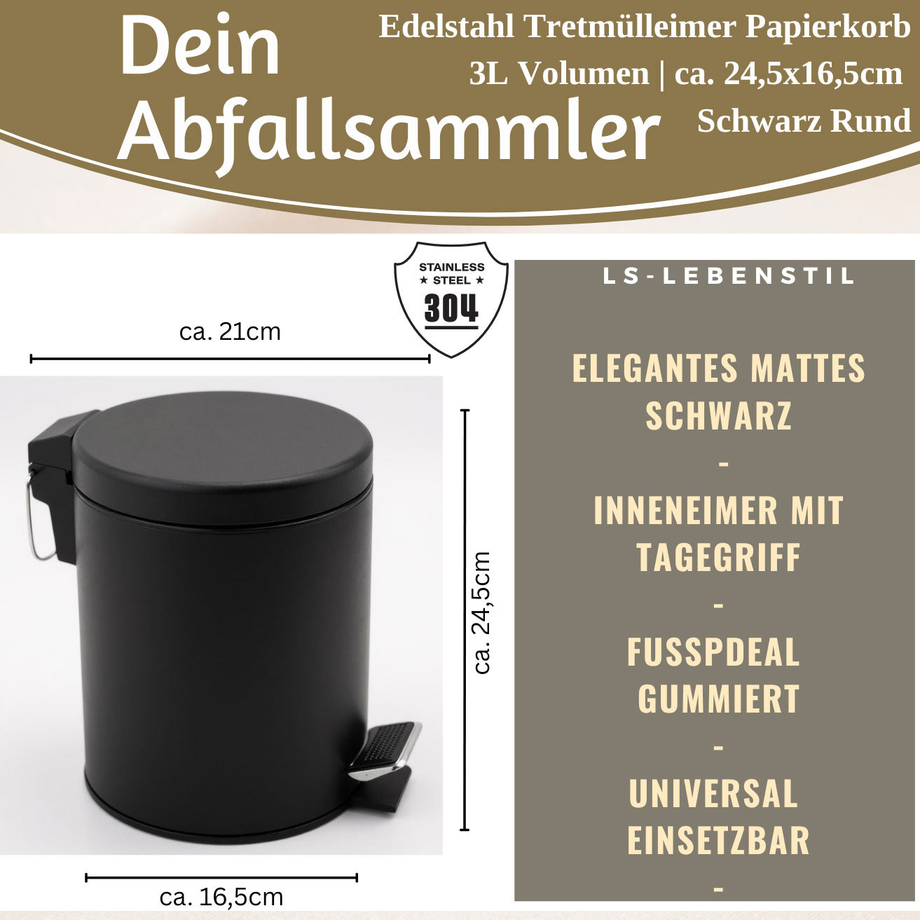 LS-LebenStil Küche & Haushalt Tretmülleimer Schwarz 3L Edelstahl