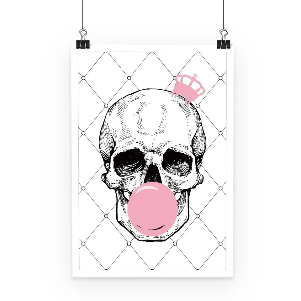 Mineheart Wall Art Bubblegum Skull Poster Rosa Weiß A3