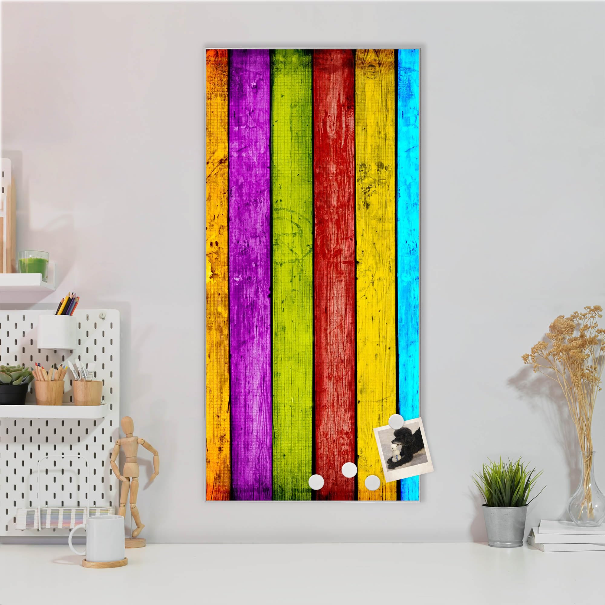Banjado Magnettafel Bunte Holzlatten Memoboard 37x78 cm Silber