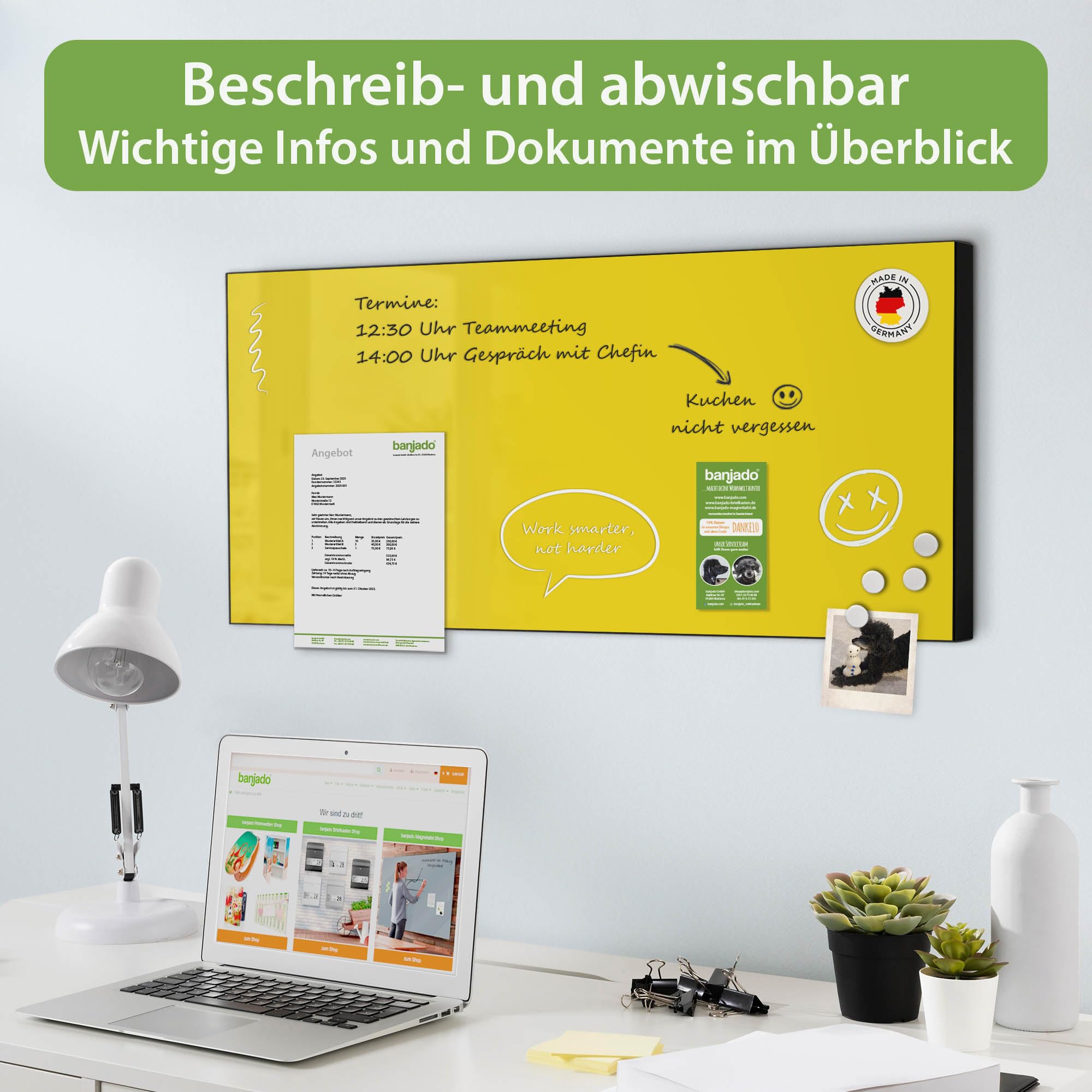 Banjado Magnettafel Metall 78x37cm Magnetwand Sonnengelb beschreibbar
