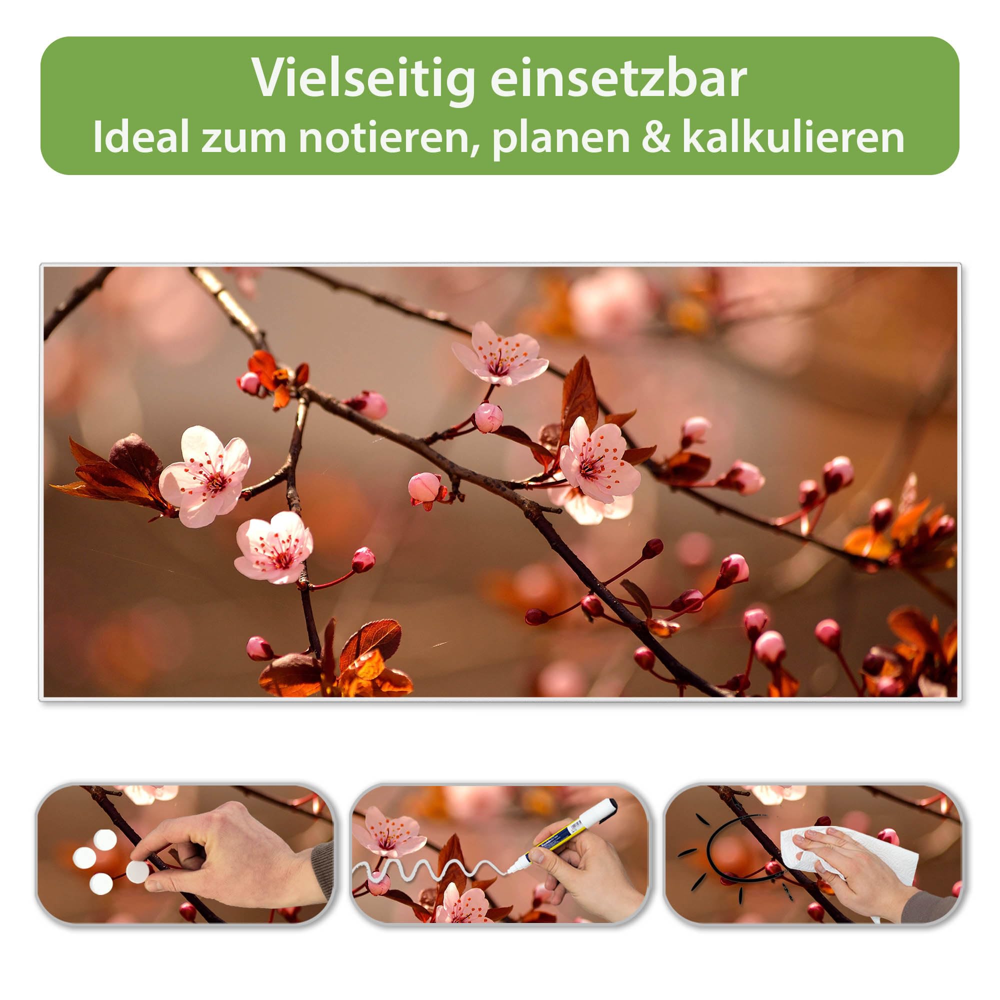 Banjado Magnettafel Blühender Kirschzweig weiß 78x37cm beschreibbar