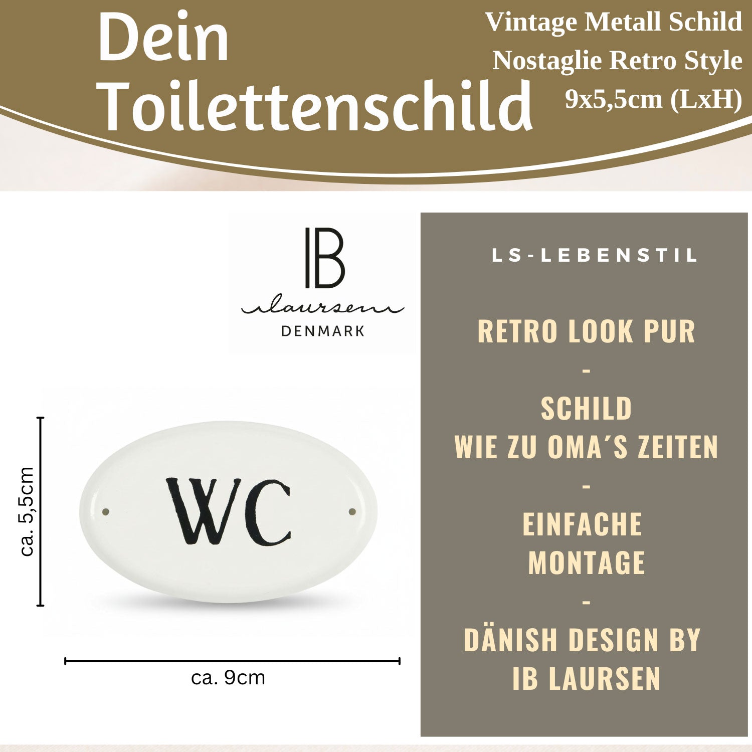 LS-LebenStil Vintage Metall Türschild WC 9x5,5cm Weiß