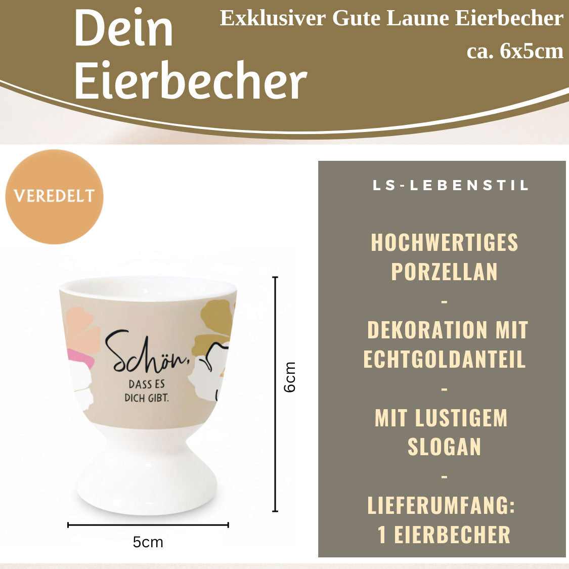 LS-LebenStil Küche & Haushalt Spruch Eierbecher Porzellan Gold 6cm