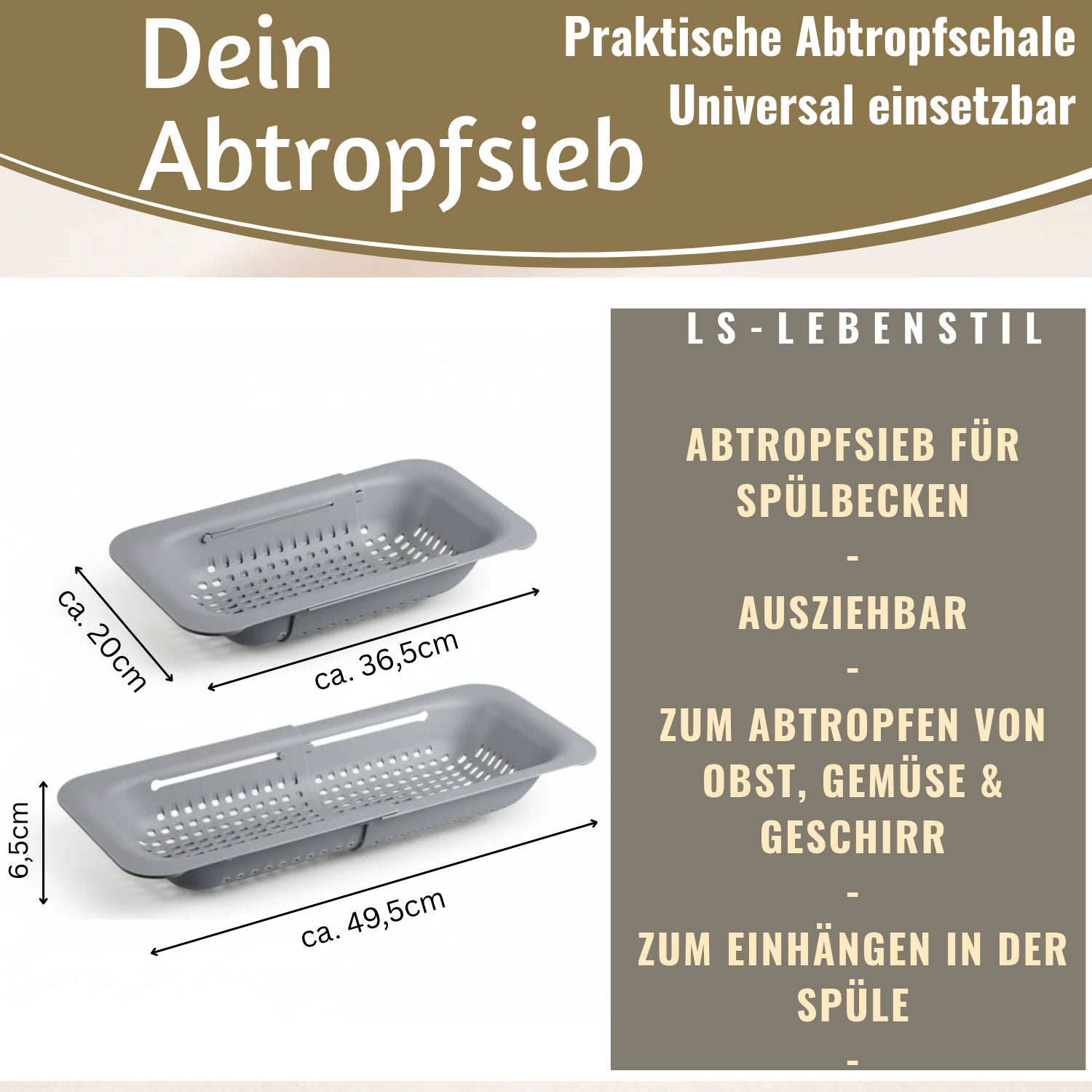 LS-LebenStil Küche & Haushalt Abtropfsieb Ausziehbar Grau 36,5-55 cm