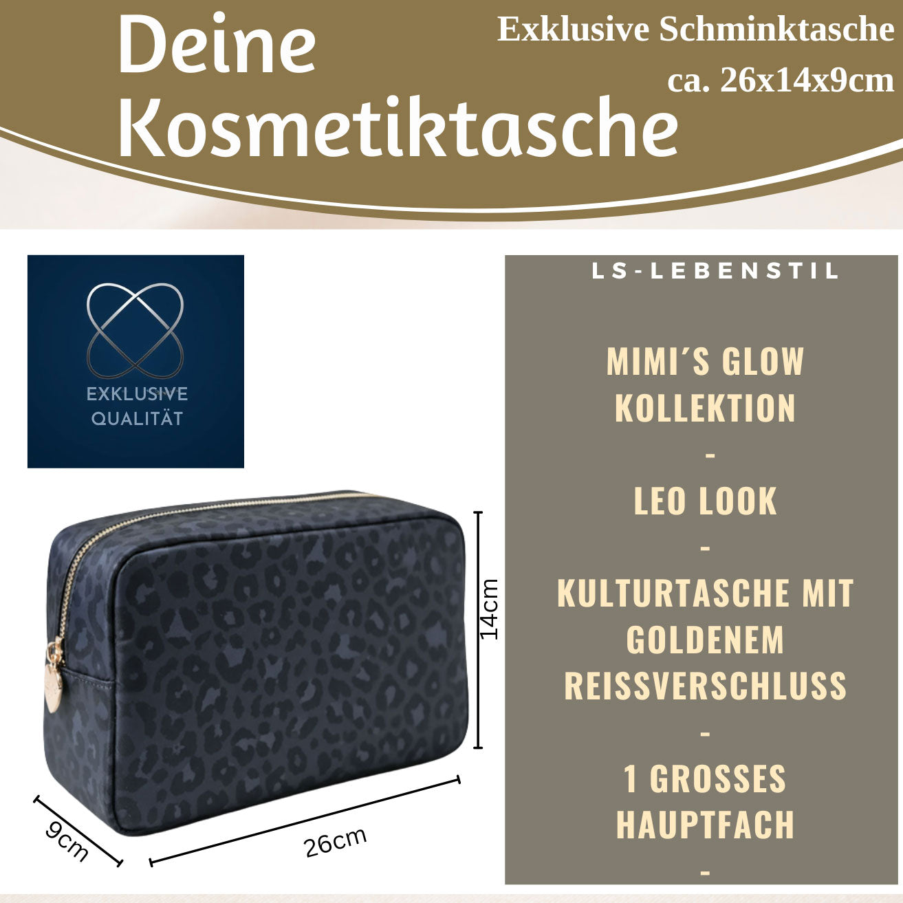Mimi's Glow Kulturtasche Romy 26x14cm leo grau Kosmetiktasche