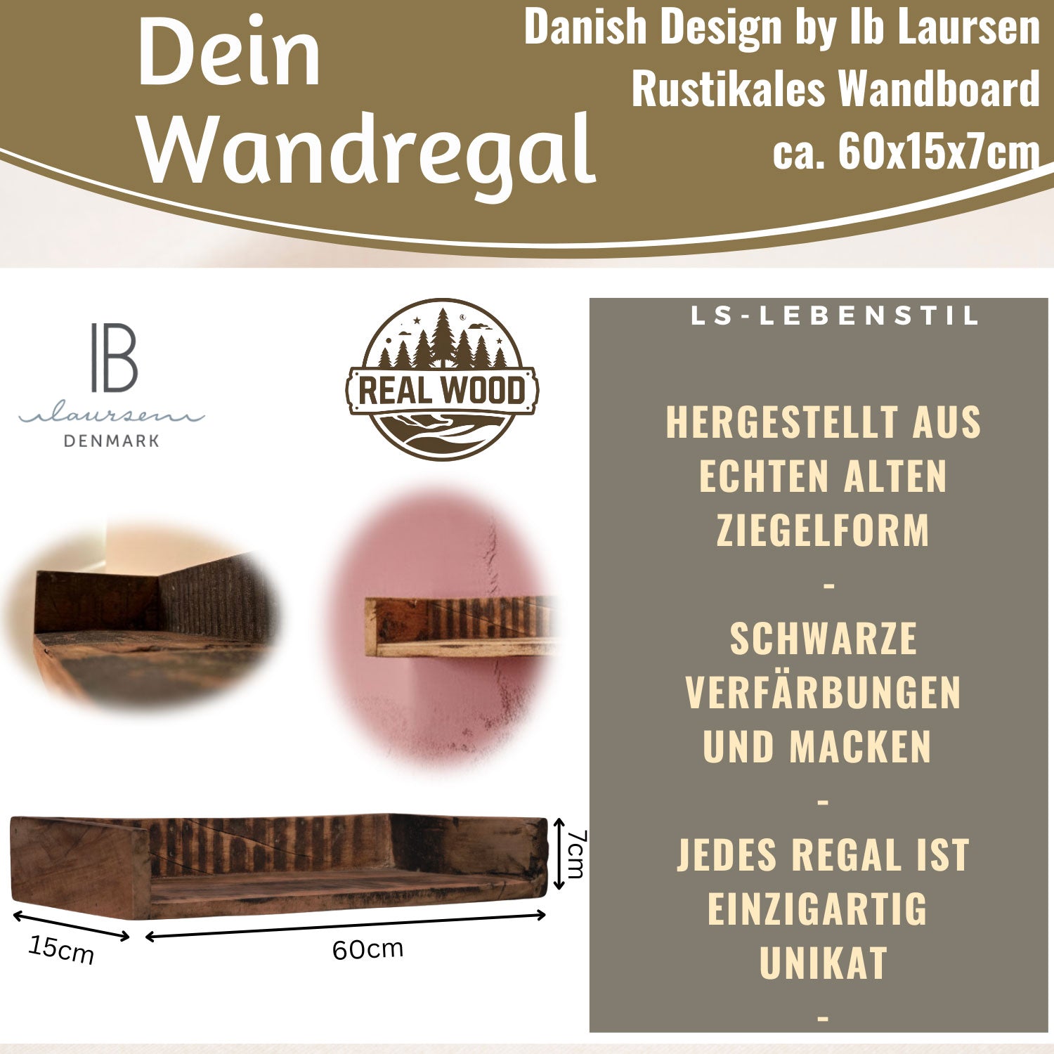 LS-LebenStil Unika Wandregal 60cm braun Holz Ziegelform