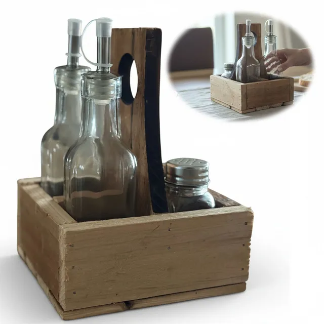 Holz Menage Essig-Öl-Spender Set 5-teilig 200ml mit Streuern