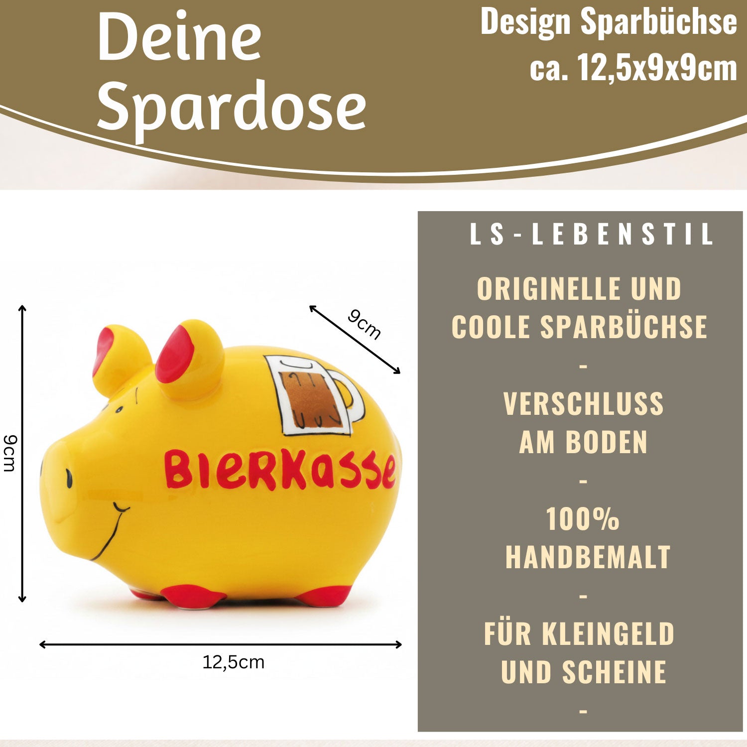 LS-LebenStil Sparschwein Bierkasse Keramik gelb-rot