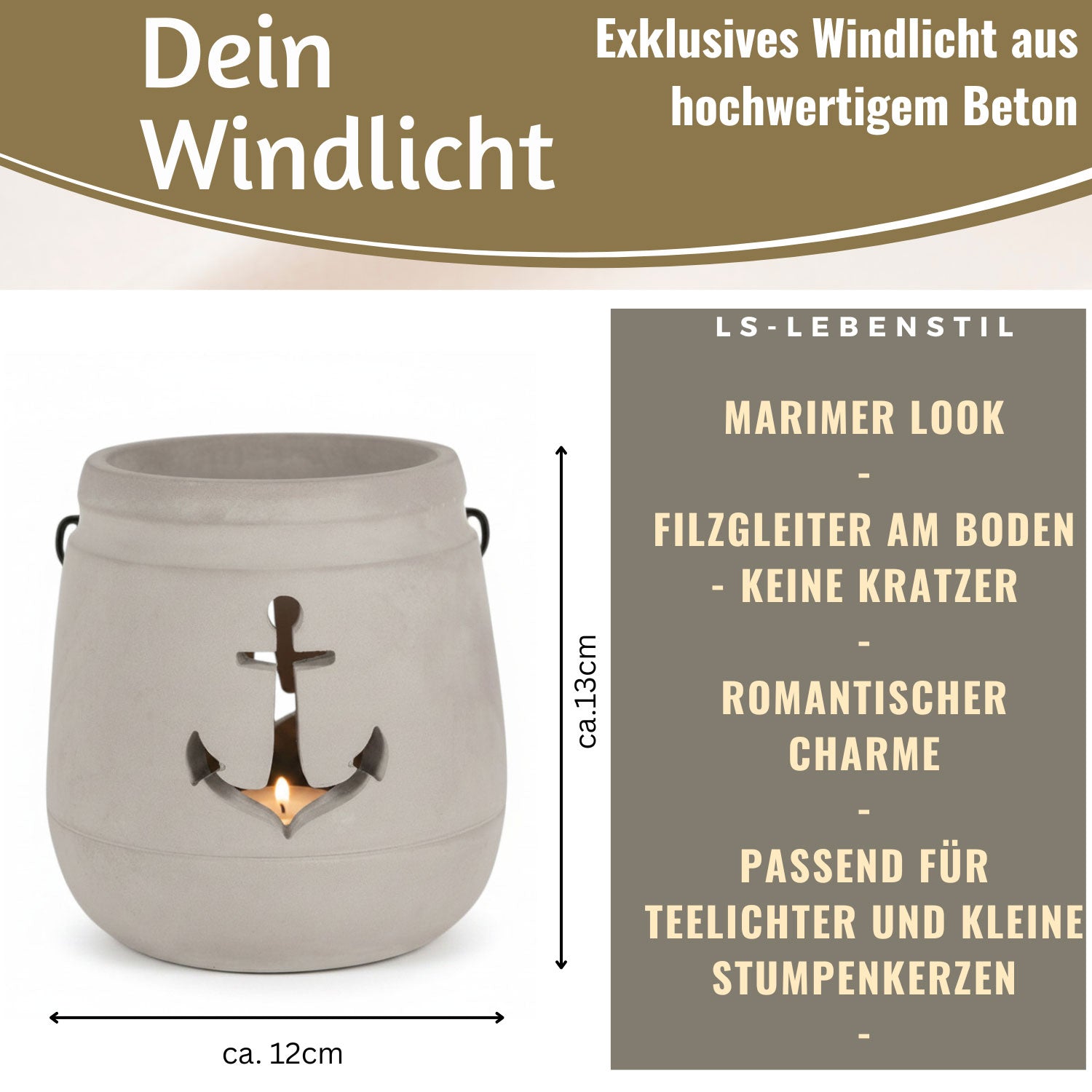 Ib Laursen Windlicht Beton Anker grau 13cm mit Henkel