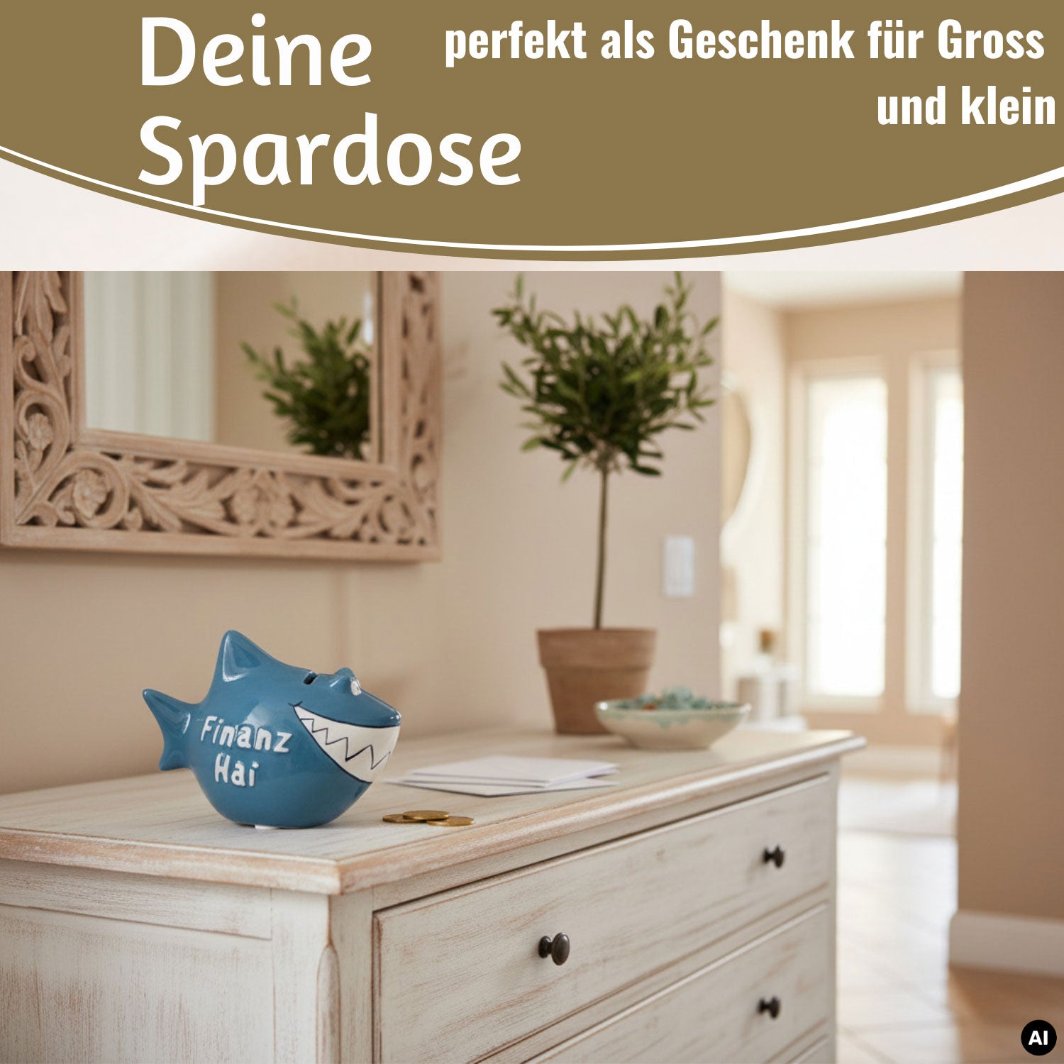 LS-LebenStil Finanz-Hai Sparschwein Keramik blau-weiß 13cm