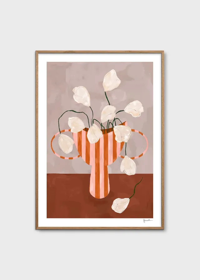 The Poster Club Art Prints White Flowers in Striped Vase Poster A4 weiß