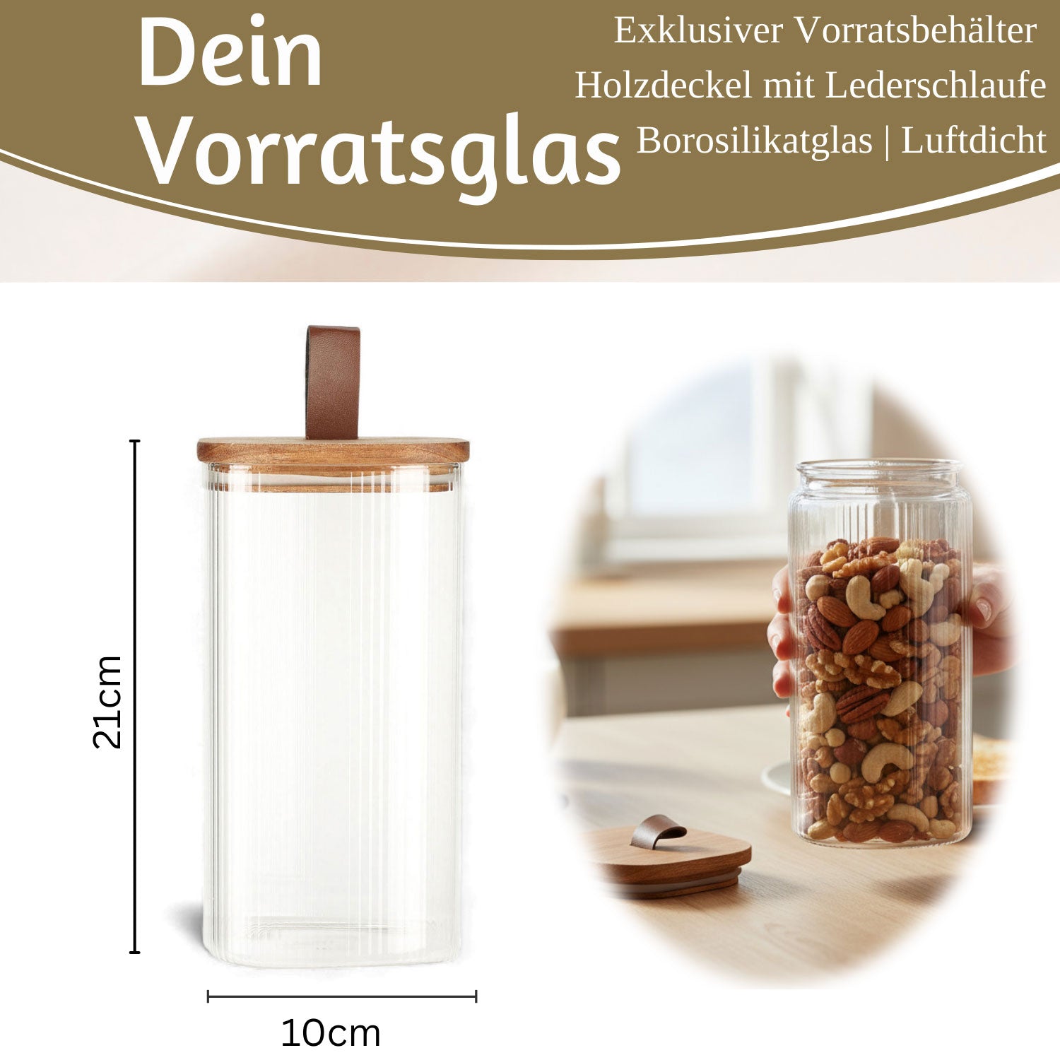 LS-LebenStil Küche Vorratsdose Glas 1500ml 21x10cm Holzdeckel