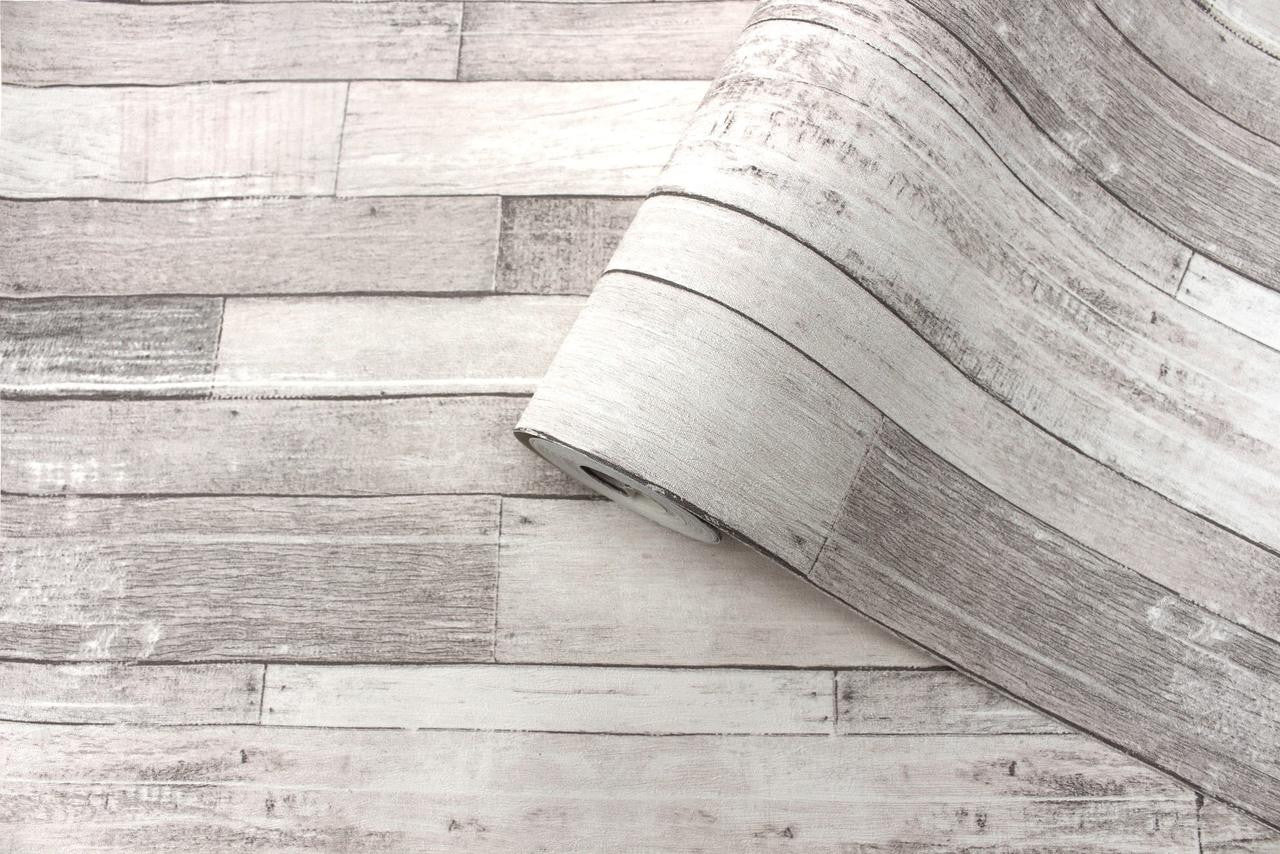 Mineheart Wallpaper Rustic Wood Tapete Grau-Weiß Holzoptik