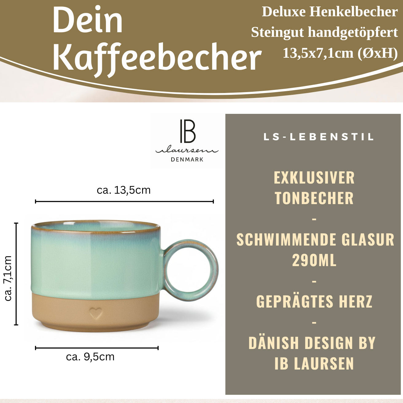 LS-LebenStil Tontasse Kaffeebecher 290ml Aqua Herz mattbraun