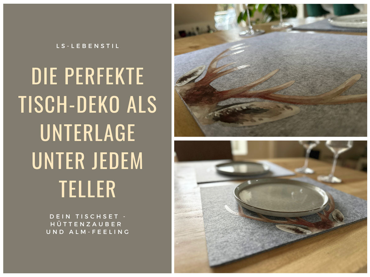 LS-LebenStil Küche & Haushalt Tischset Filz Hirsch Hellgrau 45cm 2er