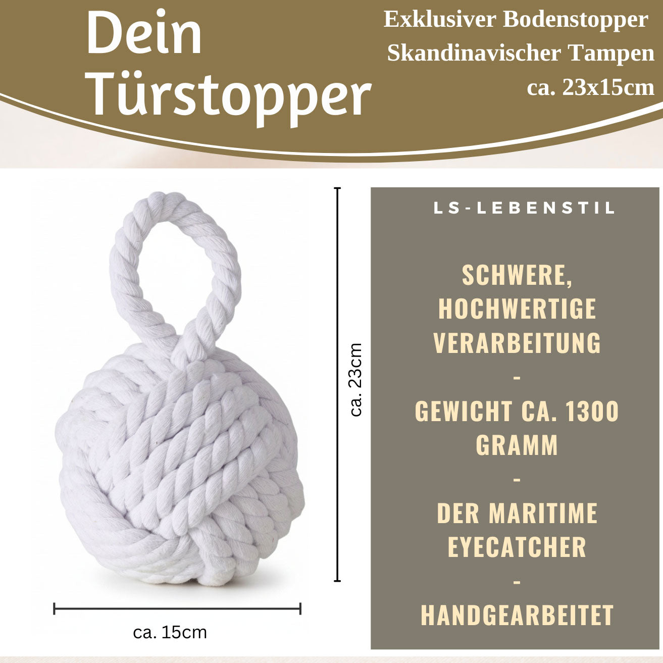 LS-LebenStil Türstopper Malmö Jute Weiß 23cm 1,3kg