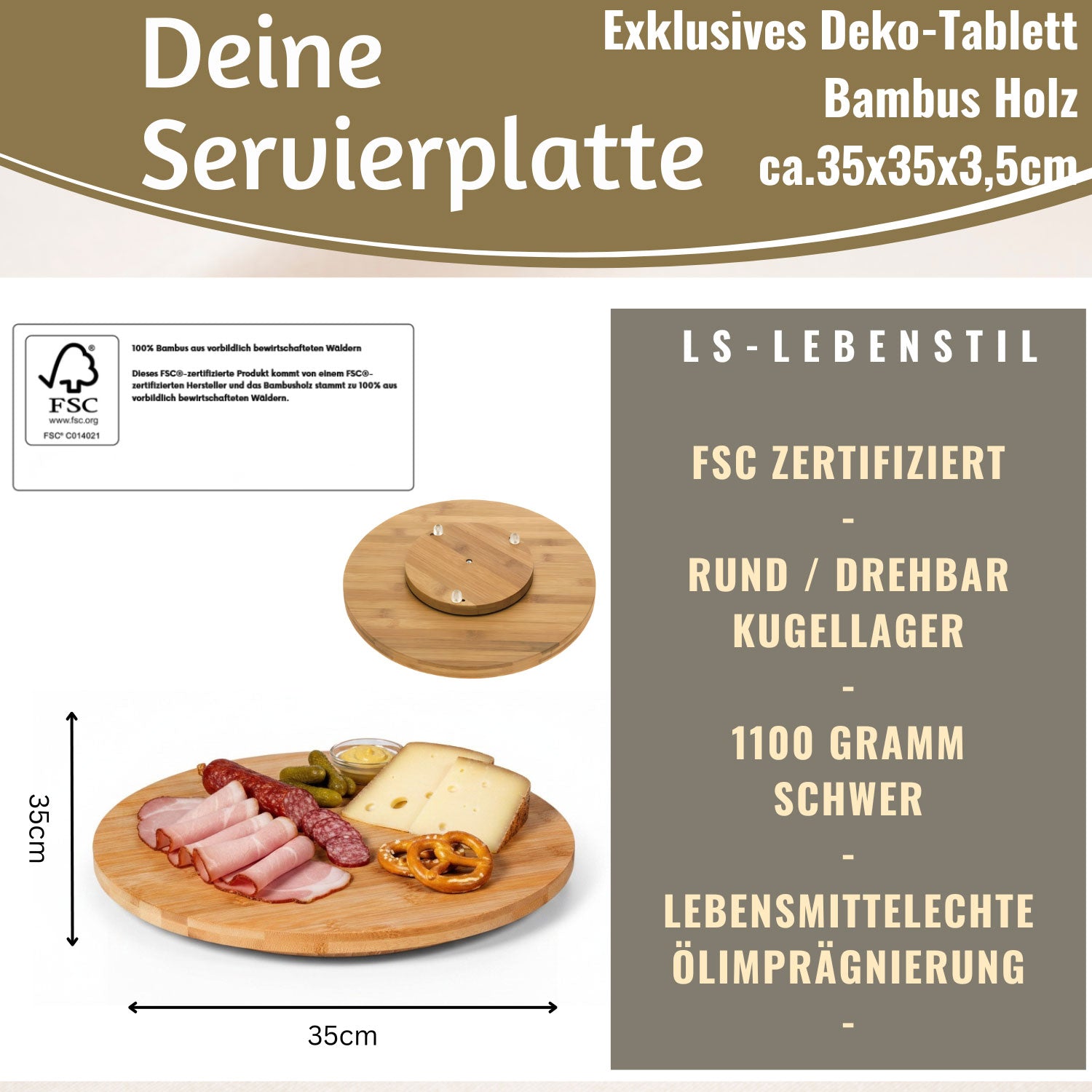 LS-LebenStil Küche Drehteller Bambus 35cm Rund Drehbar