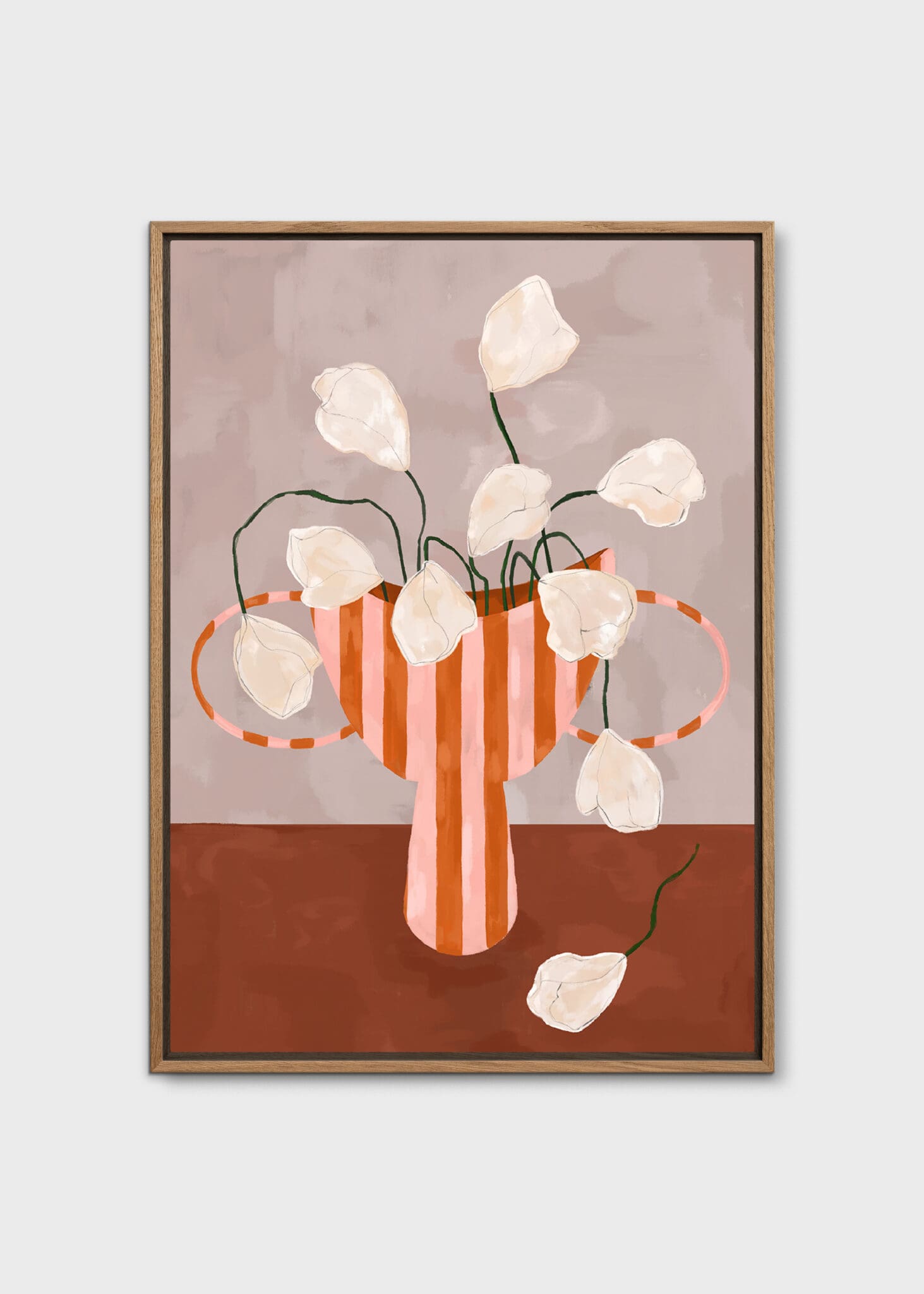 The Poster Club White Flowers in Striped Vase Leinwand 50x70