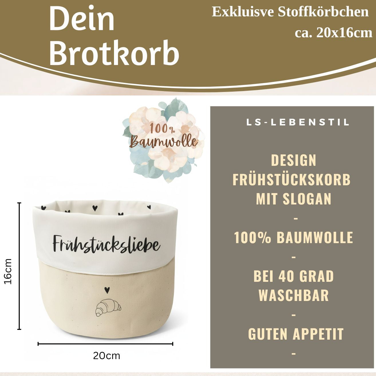 LS-LebenStil Frühstücksliebe Brotkorb Baumwolle Creme 20x16cm