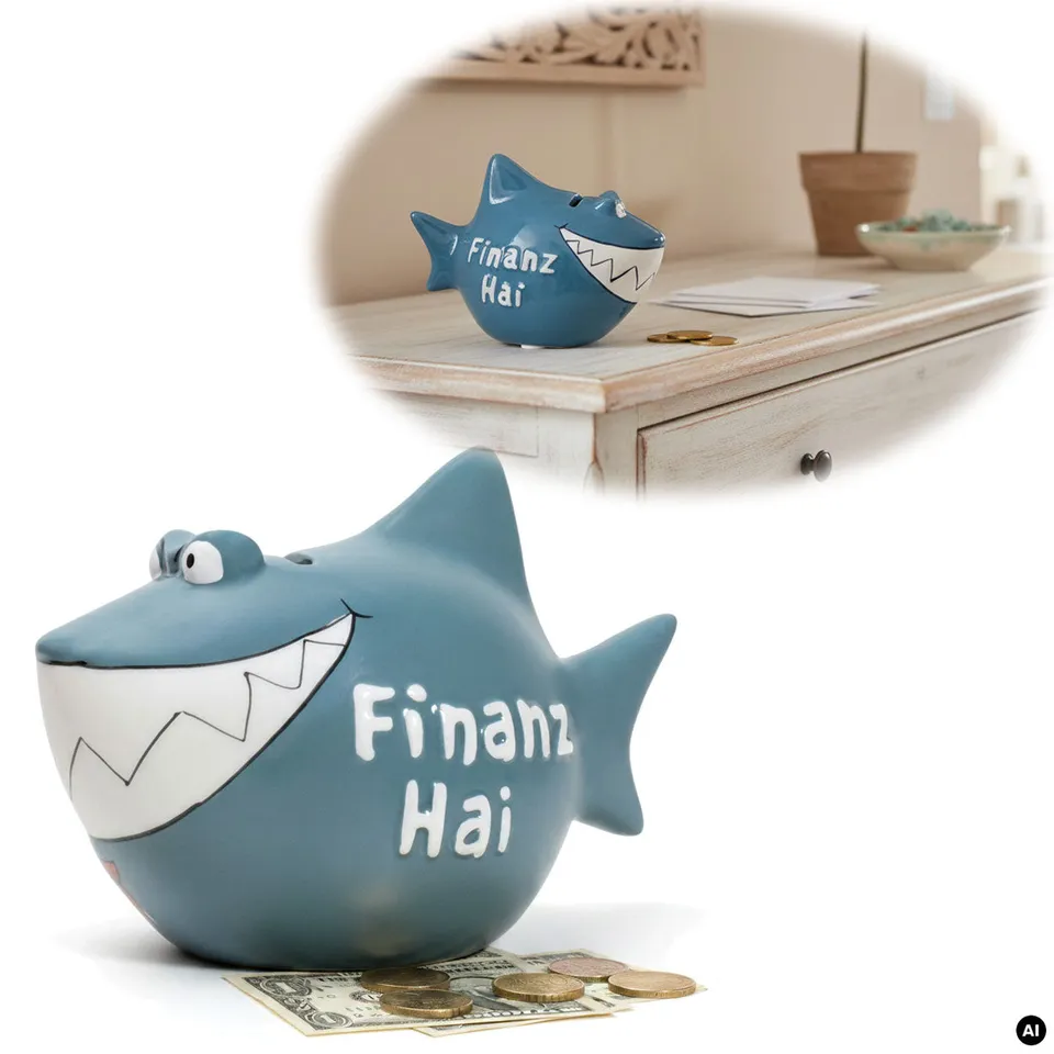 LS-LebenStil Finanz-Hai Sparschwein Keramik blau-weiß 13cm