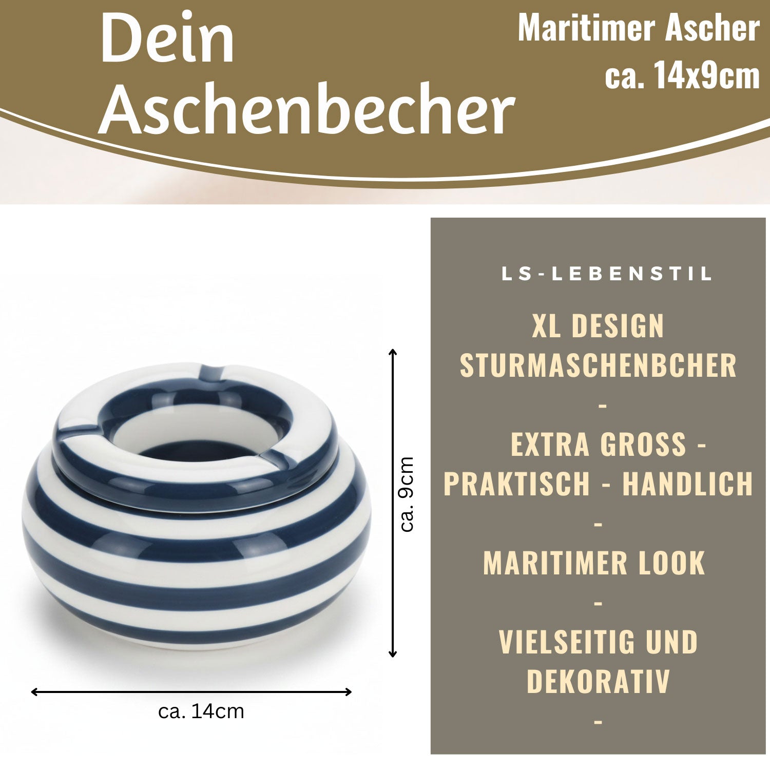 LS-LebenStil Küche & Haushalt Sturmaschenbecher XL blau-weiß