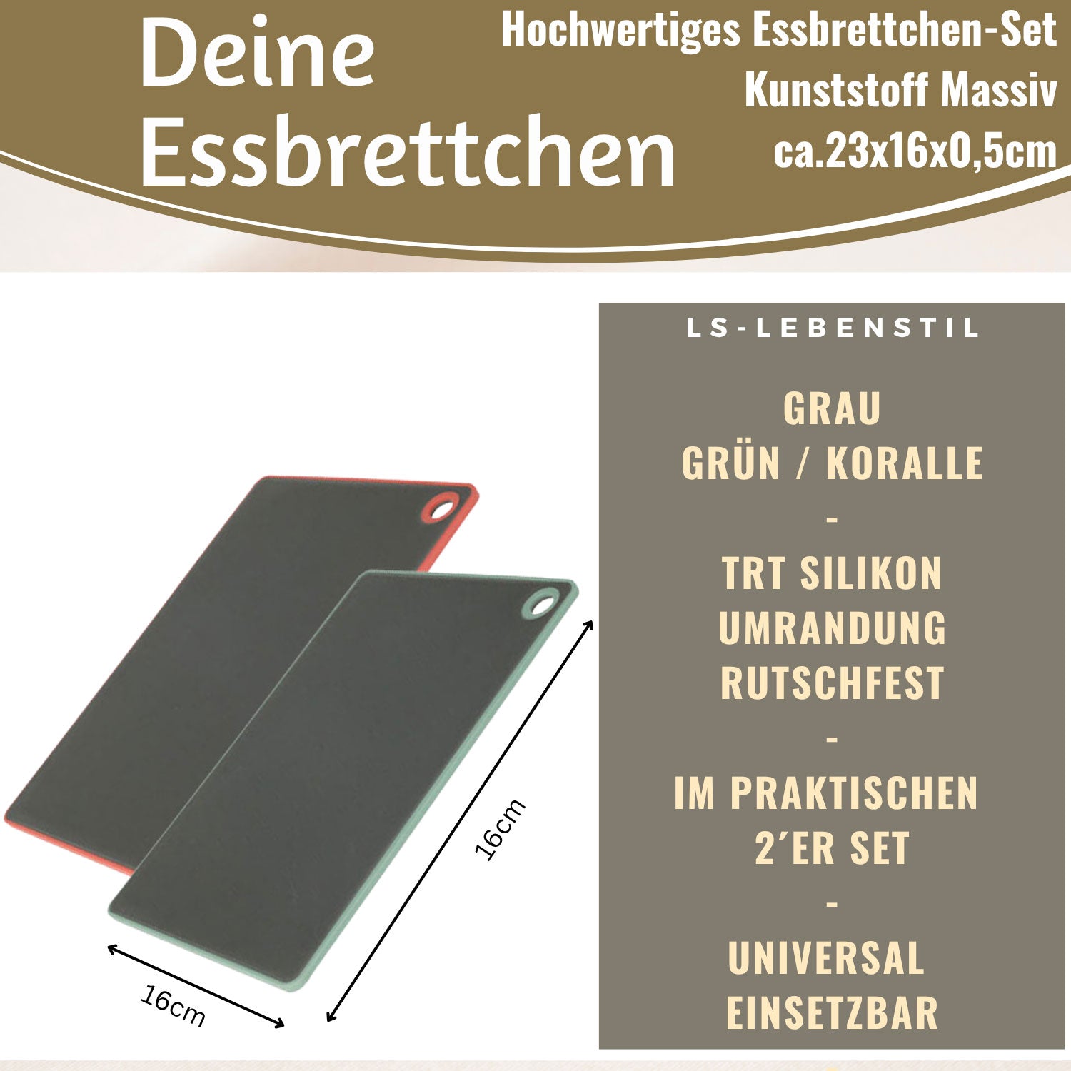 LS-LebenStil Küche & Haushalt Essbrettchen 23x16cm grau 2er Set