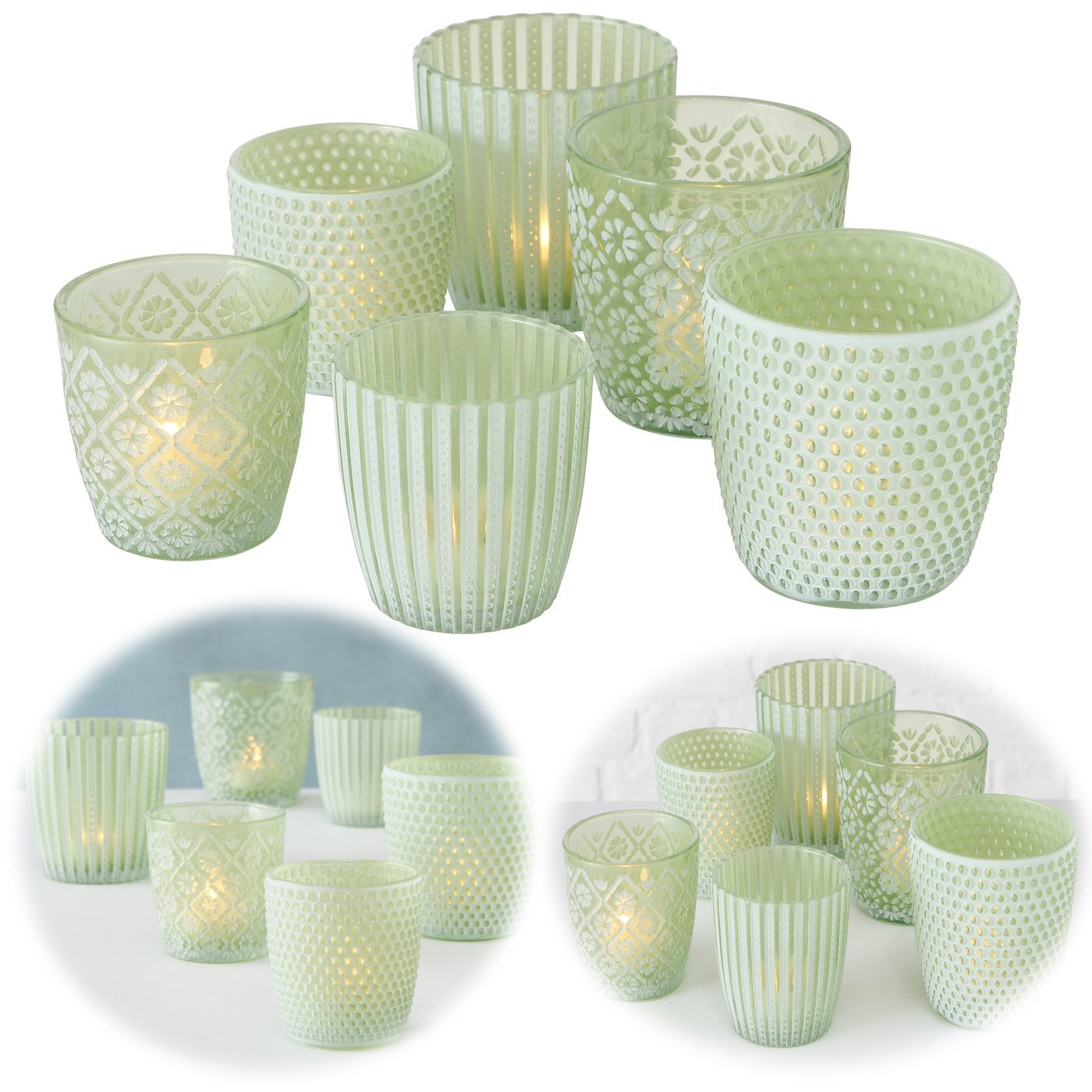 LS-LebenStil Küche & Haushalt Teelichthalter Glas Grün Weiß 6er Set