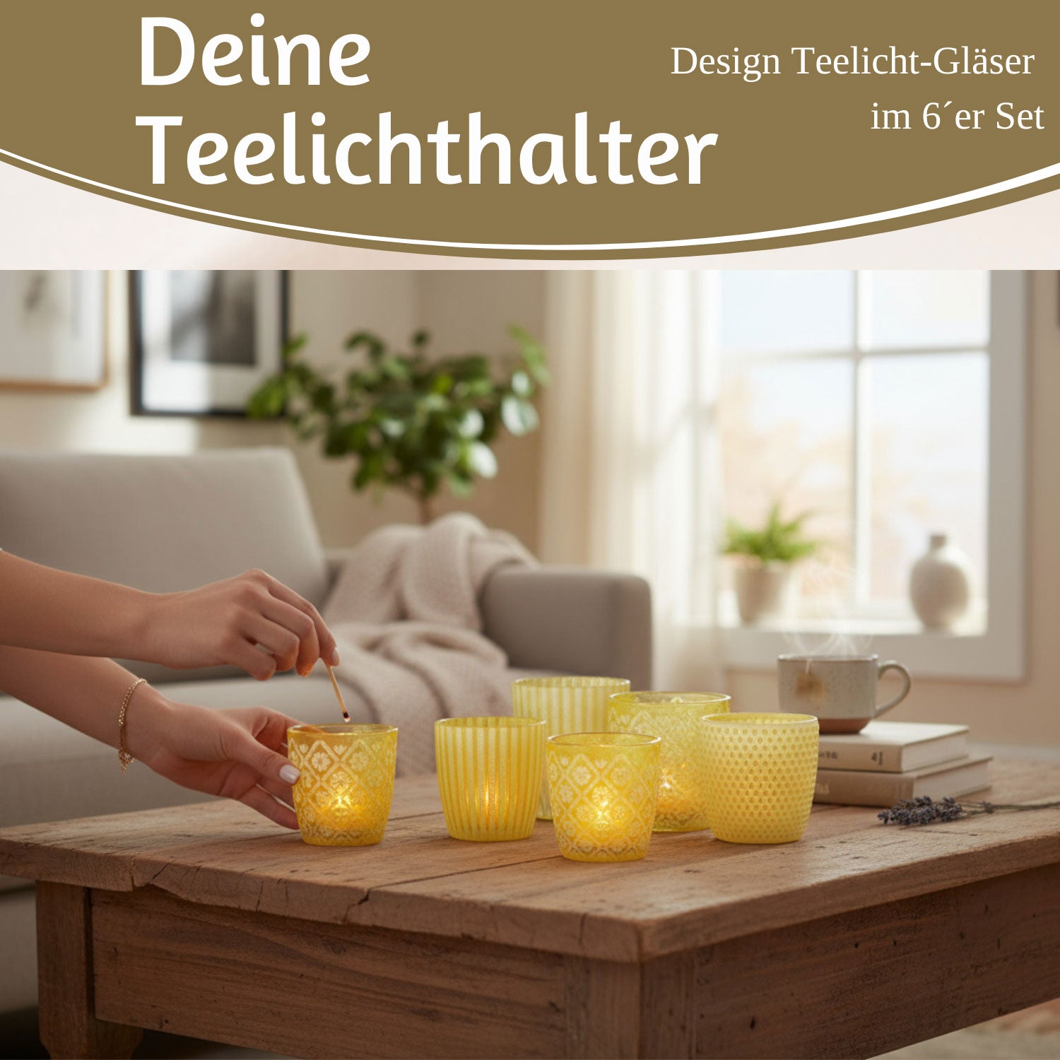 Boltze Teelichthalter Glas Retro gelb 7-9cm 6er Set Windlicht