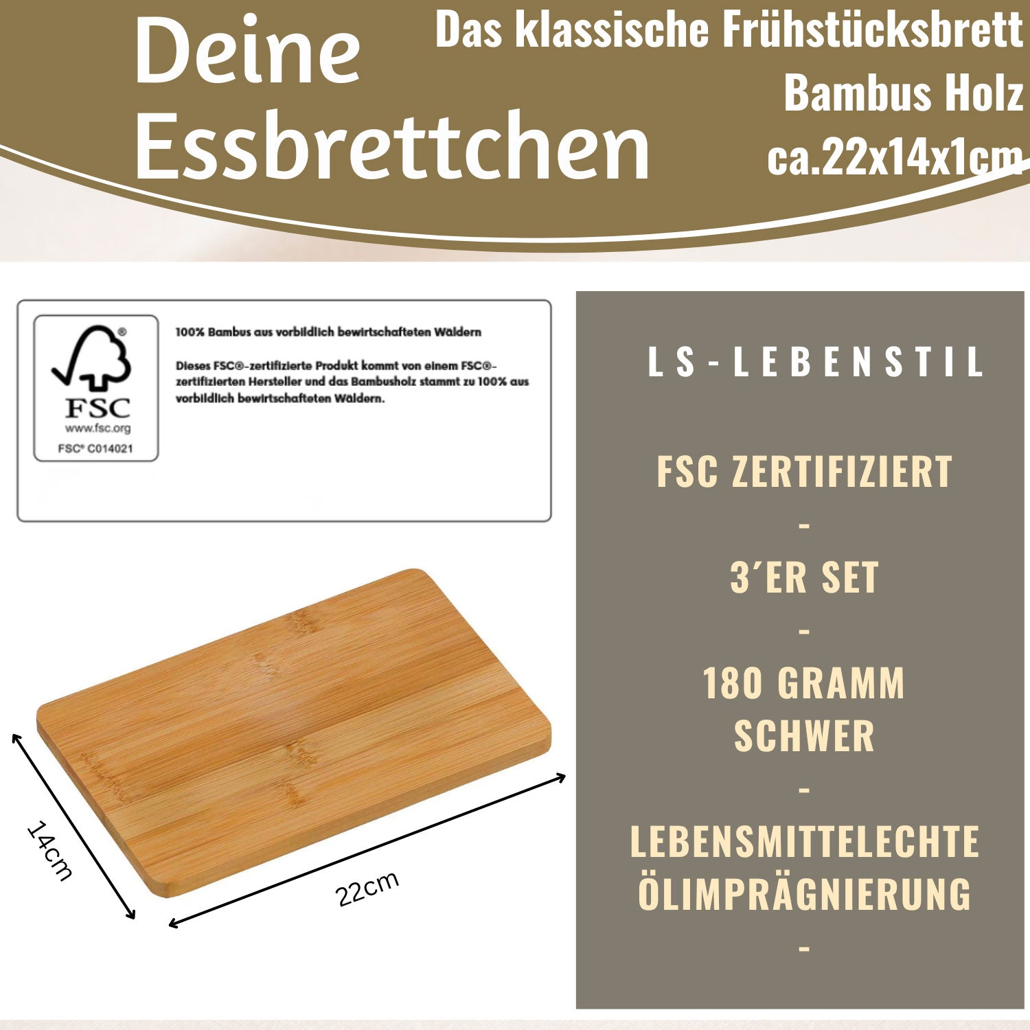 LS-LebenStil Frühstücksbrett Bambus 22x14cm 3er Set braun
