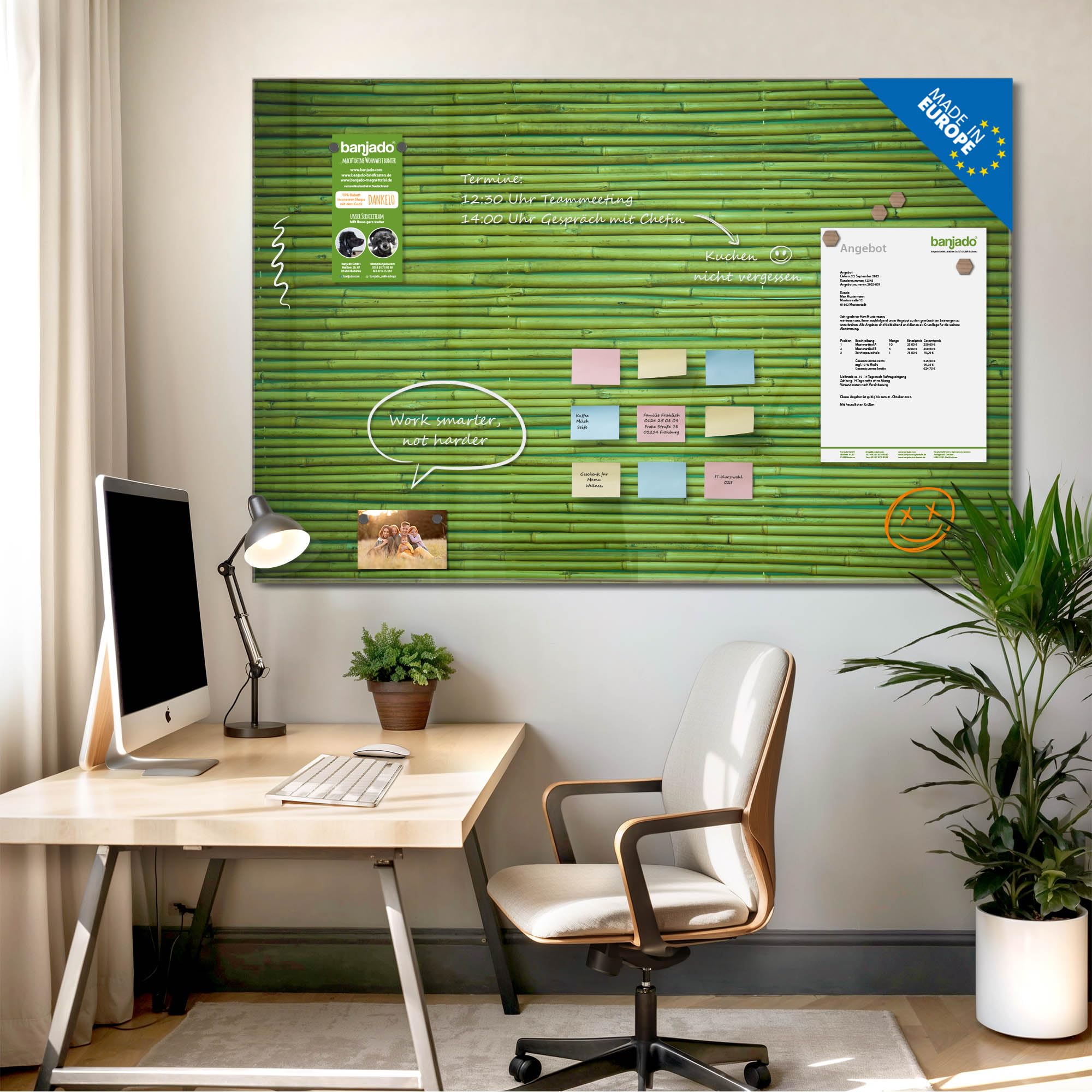 Banjado Magnettafel Glas 120x80 cm Bambus Grün Holzoptik beschreibbar
