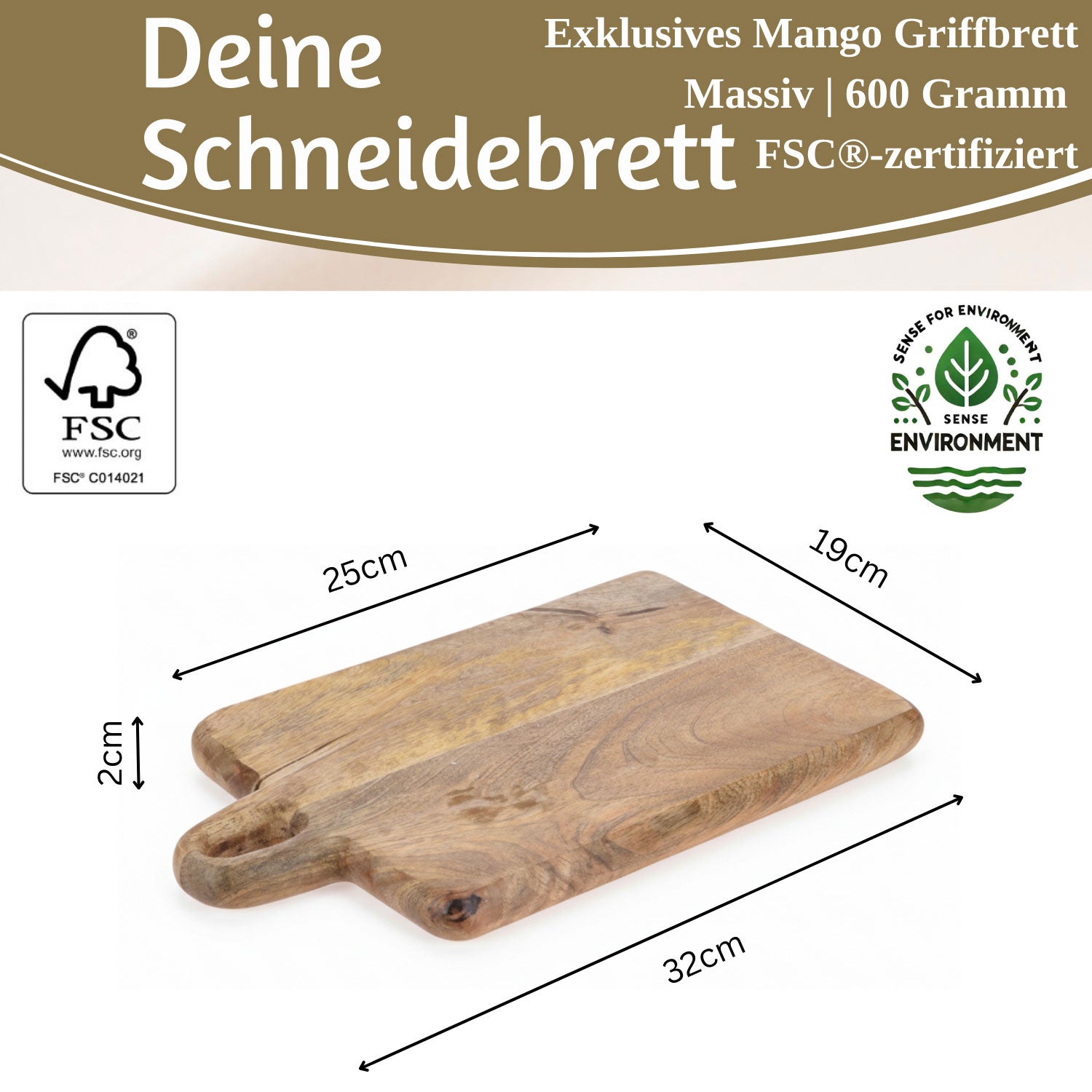 Mango Schneidebrett Holz 32cm mit Griff Vesperbrett Massiv